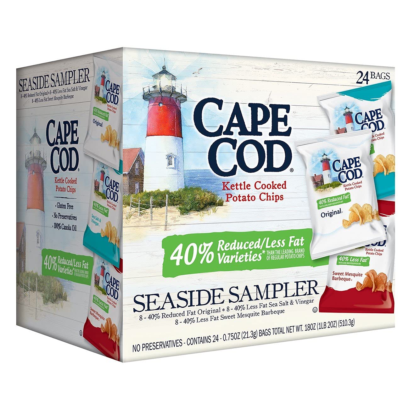 Cape Cod Kettle Cooked Reduced Fat Potato Chips - Seaside Sampler Variety Pack (0.75oz, 24 Count) 2-Pack | Crunchy Snack for Picnics, Parties & Healthy On-the-Go Eating