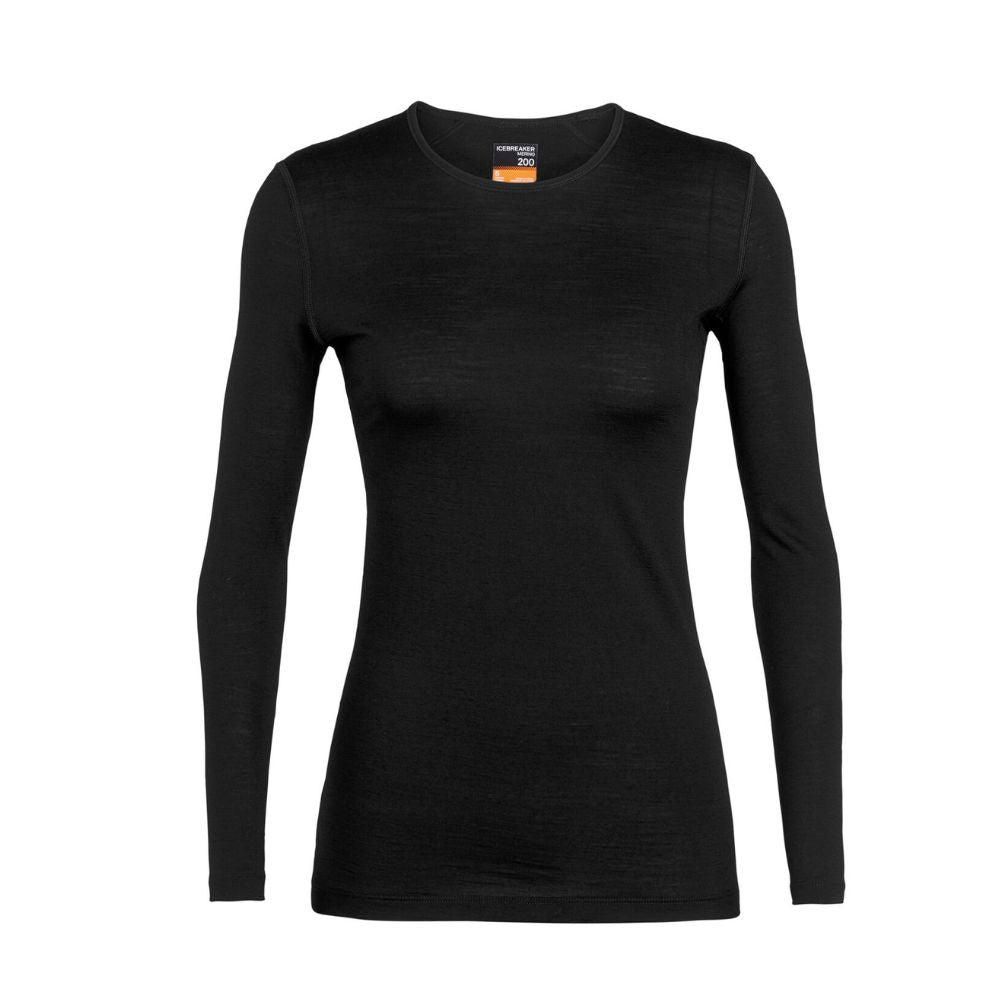 Icebreaker Women's 200 Oasis Long Sleeve Crewe Thermal Top - Black | Merino Wool Base Layer for Hiking, Skiing & Cold Weather Activities