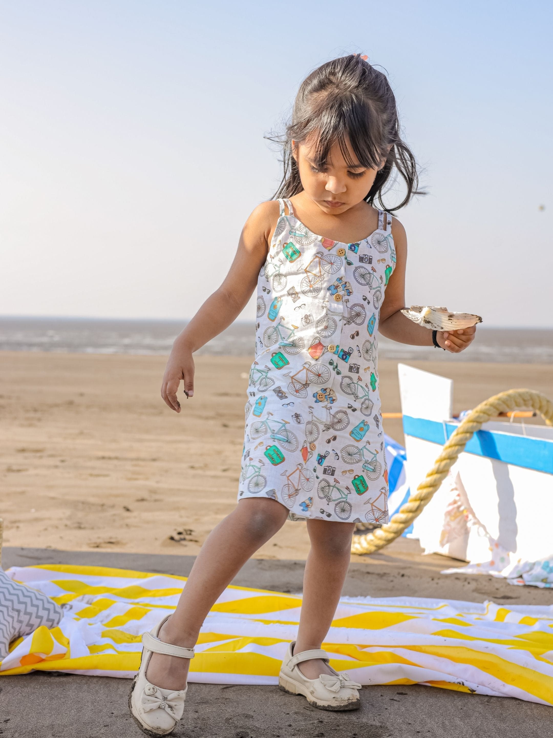 Pre Order: Stylish Cycle Camera Bag Print Line Pure Linen Dress - Perfect for Casual Outings, Travel & Summer Fashion