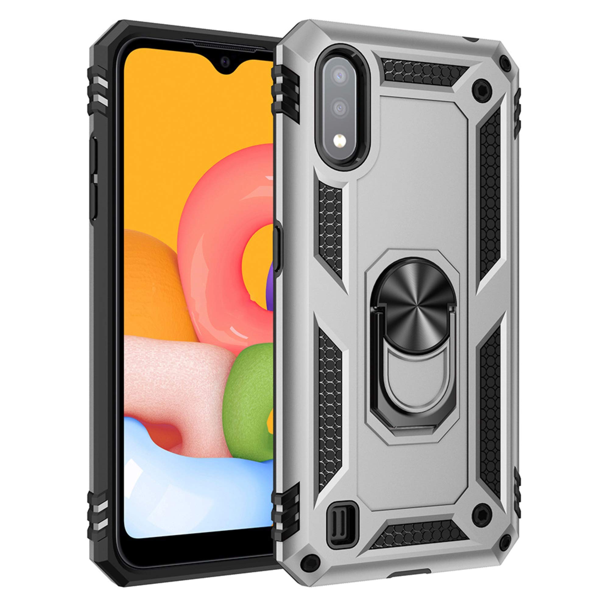 Samsung Galaxy A01 Case with 360° Rotating Metal Ring Holder & Kickstand - Magnetic Car Mount & Protective Cover (Silver) - Perfect for Driving, Watching Videos & Hands-Free Use