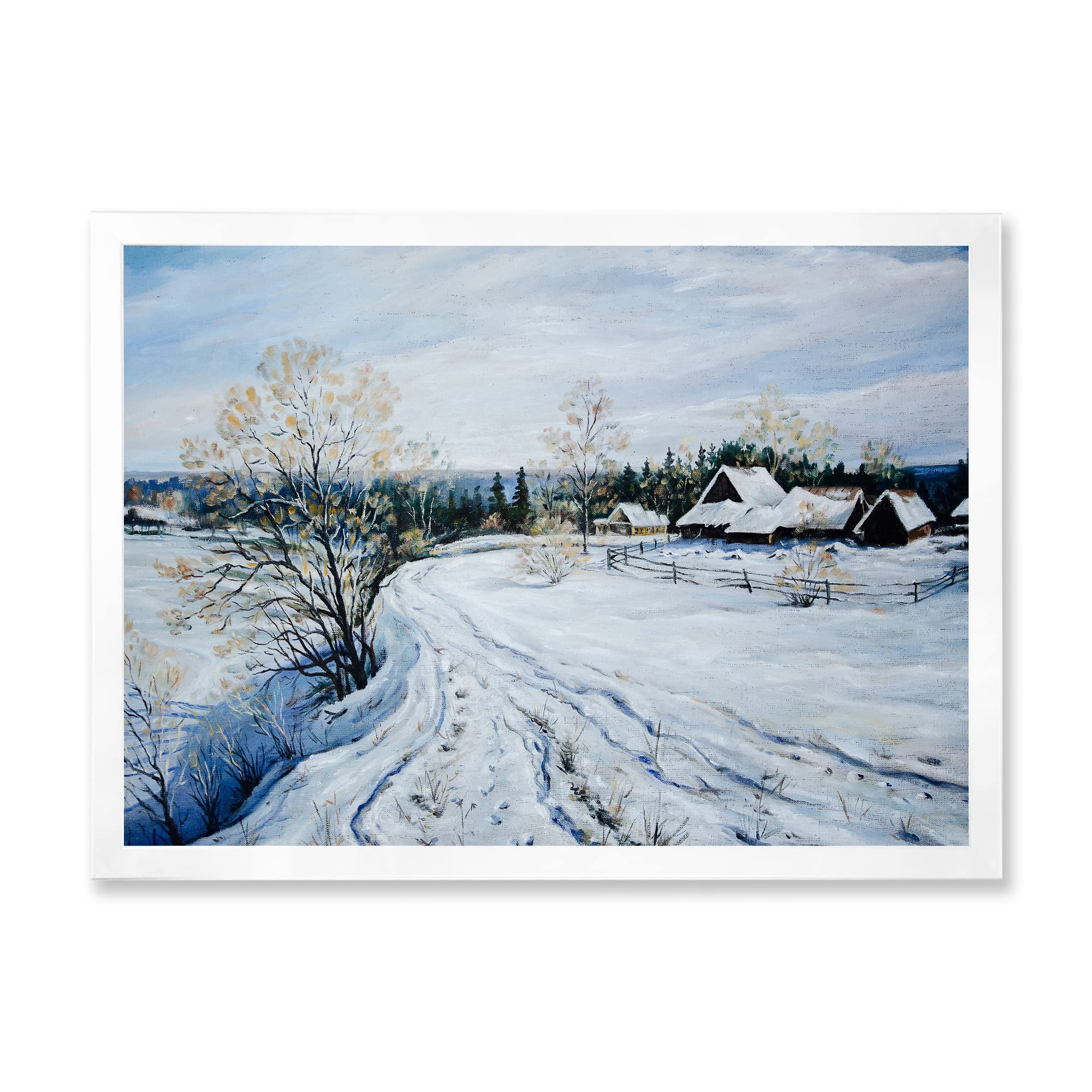 Country Road In Winter Times II Traditional Framed Wall Art - Winter Landscape Painting for Home & Office Decor - Perfect for Living Room, Bedroom, and Office Wall Decoration