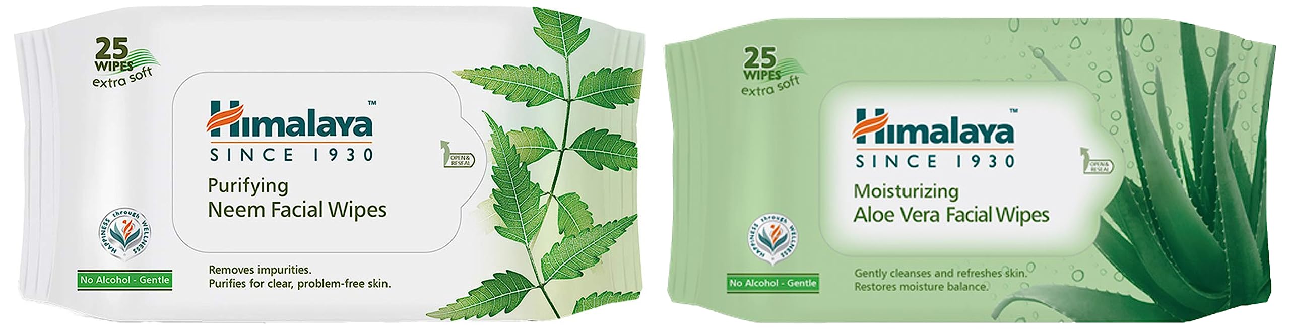 Himalaya Purifying Neem Facial Wipes for Acne & Oily Skin - 25 Count | Himalaya Moisturising Aloe Vera Facial Wipes for Dry & Sensitive Skin - 25 Count | Travel-Friendly & On-The-Go Skincare Solution