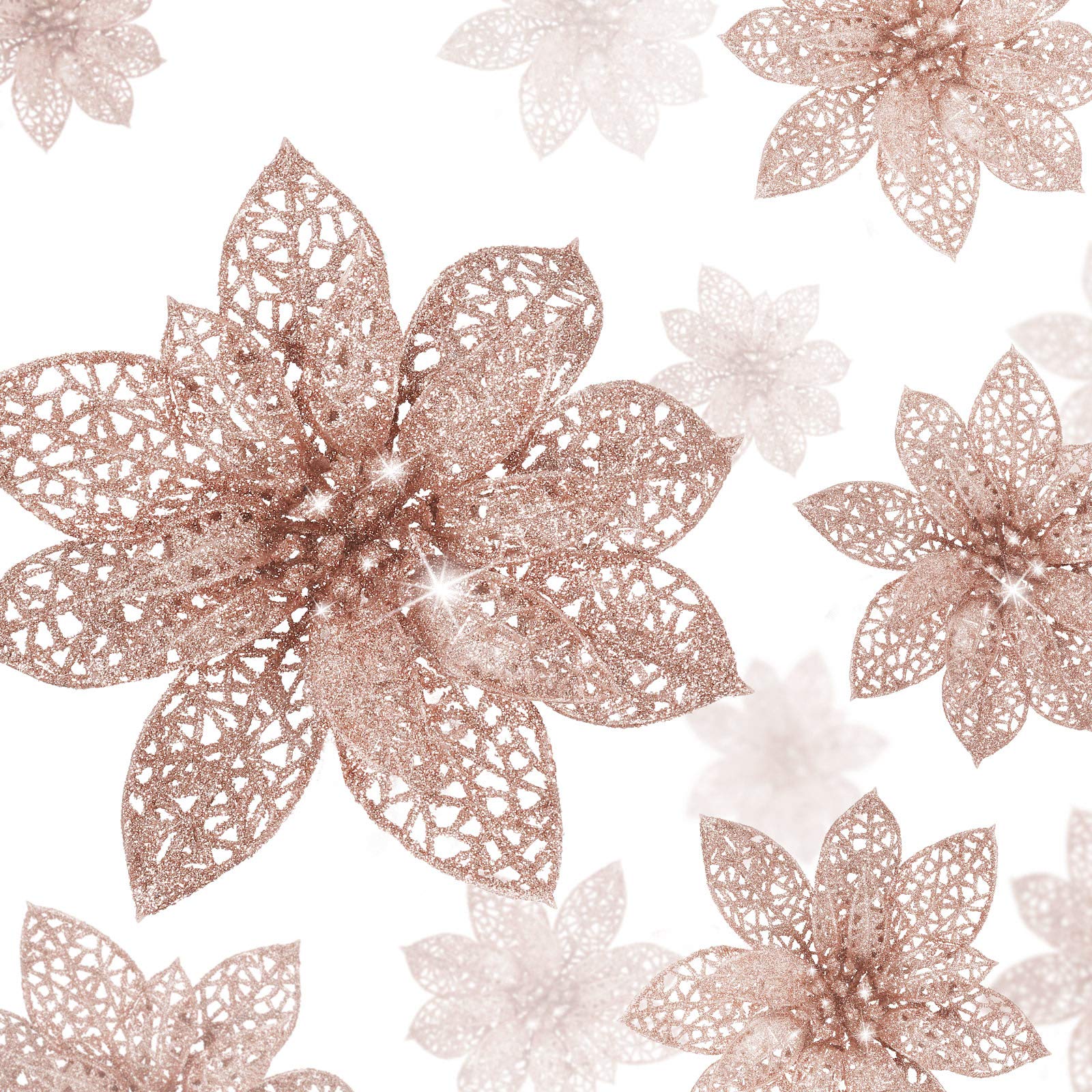 36 Pcs Rose Gold Glitter Poinsettia Flowers - Artificial Christmas Wedding Decorations for Tree, Wreath, Centerpiece & Holiday Party Decor