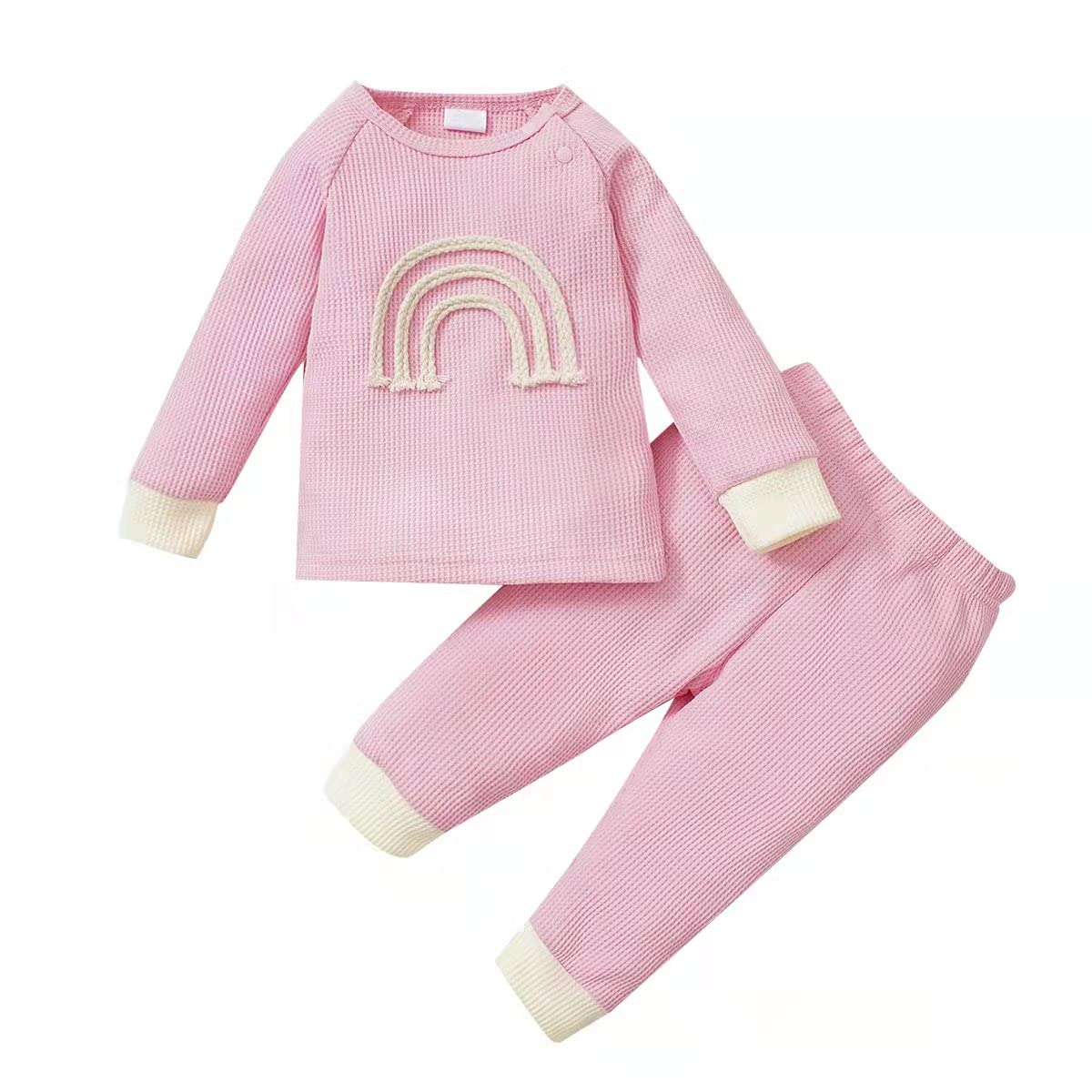 Newborn Baby Boy & Girl Clothes Set - Soft Waffle Knit Long Sleeve Button-Up Top + Matching Pants Outfit | Rainbow Striped Sweatshirt & Pants Combo | Perfect for Photoshoots, Playdates & Special Occasions