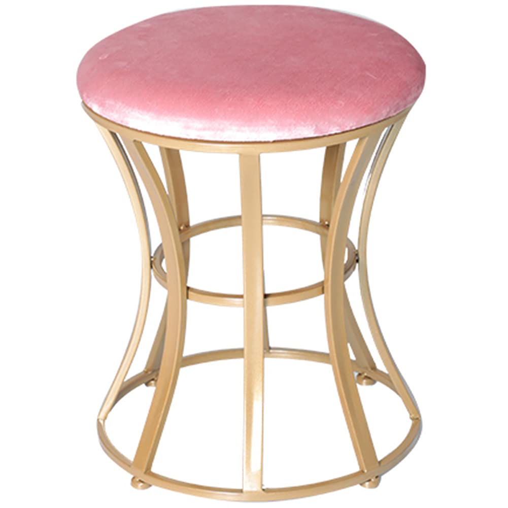 Velvet Round Ottoman Foot Rest Stool with Gold Metal Legs - Compact Padded Seat Pouf for Makeup Vanity, Living Room, Bedroom & Kitchen - Soft Pink Upholstered Side Table & Accent Chair for Home Decor