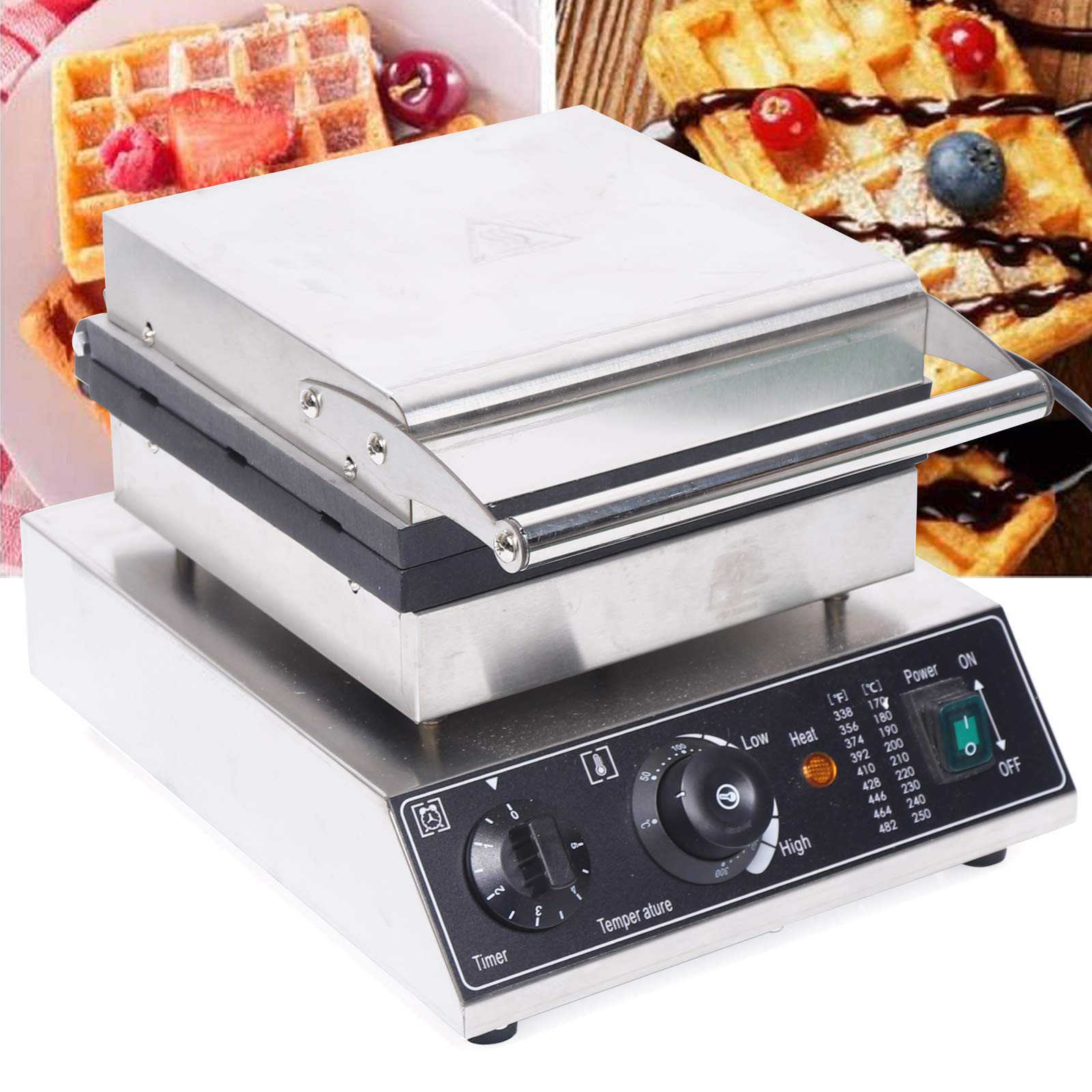 Commercial Waffle Maker - Nonstick Electric Square Waffle Machine with 6Pcs Plates, Adjustable Temperature Control (50-300℃) & Timer, 1500W - Perfect for Restaurants, Cafes, and Breakfast Catering