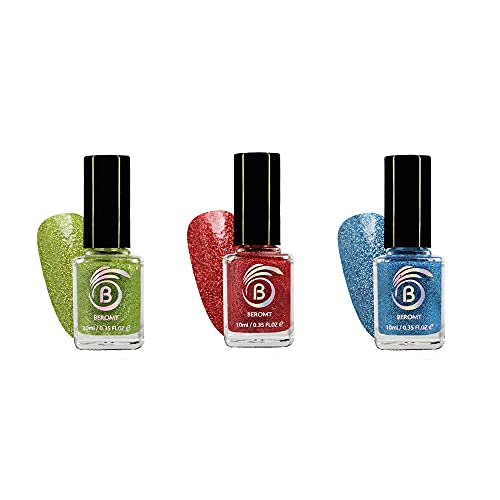 Beromt Holographic Nail Polish Set of 3 (Colors 526, 522, 523) - Glitter Nail Paint with Gel Effect, High-Shine Long Lasting Non-Toxic Professional Nail Art Polish | Perfect for Parties, Weddings, and Everyday Glam