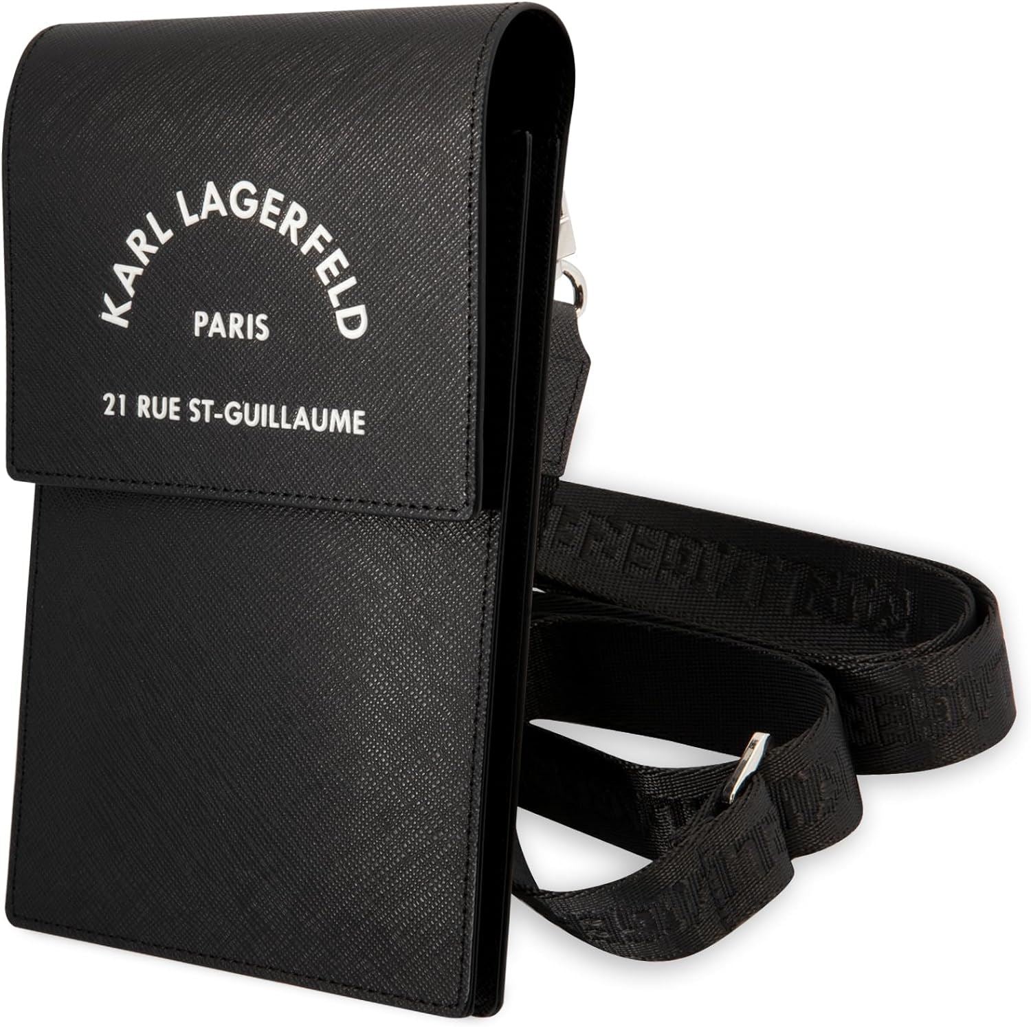 Karl Lagerfeld Embossed Logo Universal Phone Pouch with Adjustable Strap - Stylish Black Crossbody Bag for iPhone 15/14/13/12, Samsung Galaxy - Perfect for Travel, Shopping & Everyday Use (KLWBSARSGK)