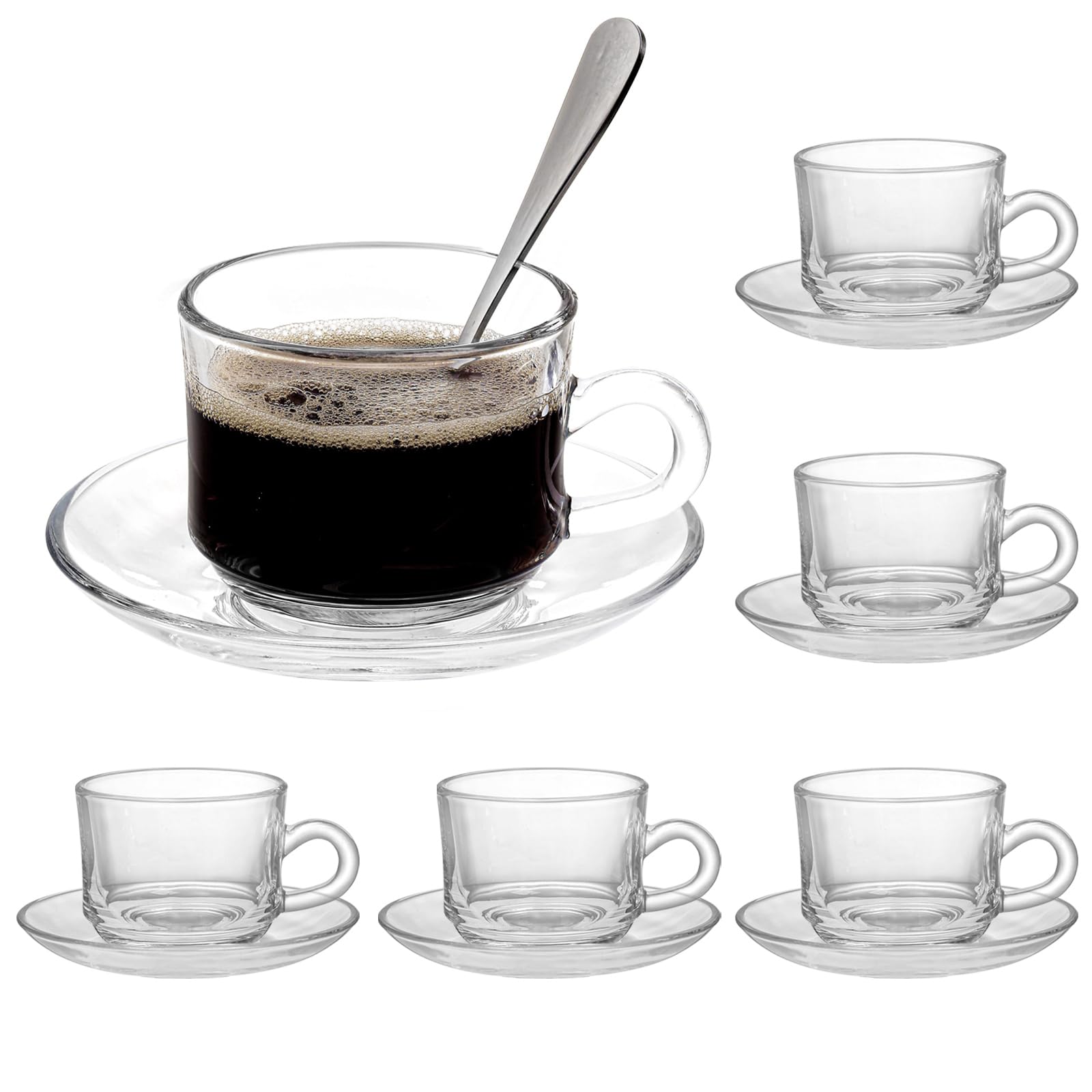 Premium 6-Piece Glass Tea Cup and Saucer Set with Stainless Steel Spoon - 6oz/180ml Clear Coffee Mugs for Espresso, Cappuccino, Latte, Tea & Juice - Dishwasher & Microwave Safe - Perfect for Home, Office, Cafe and Gifts