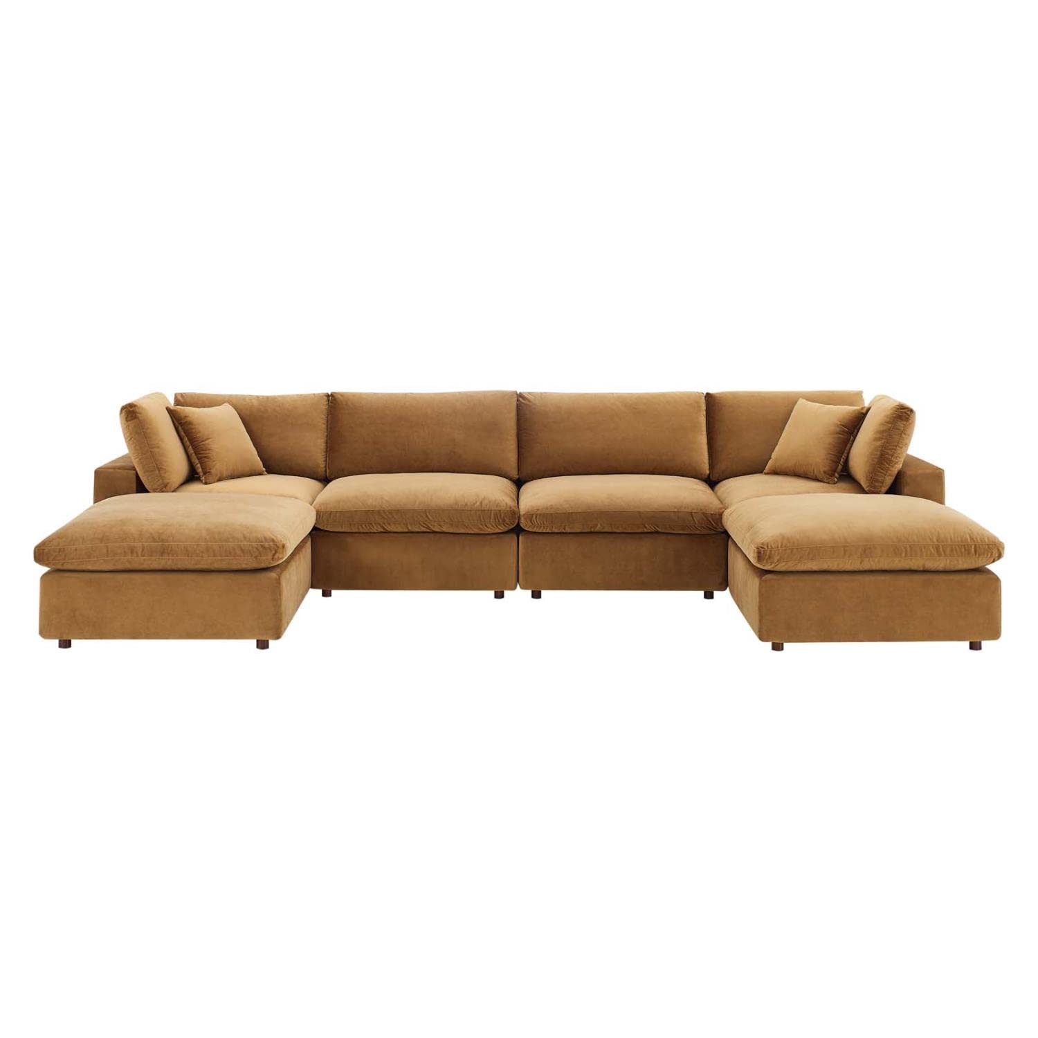 Modway Commix 6-Piece Sectional Sofa Set - Down Filled Overstuffed Performance Velvet in Cognac Brown - Perfect for Living Room, Family Room & Home Theater Seating