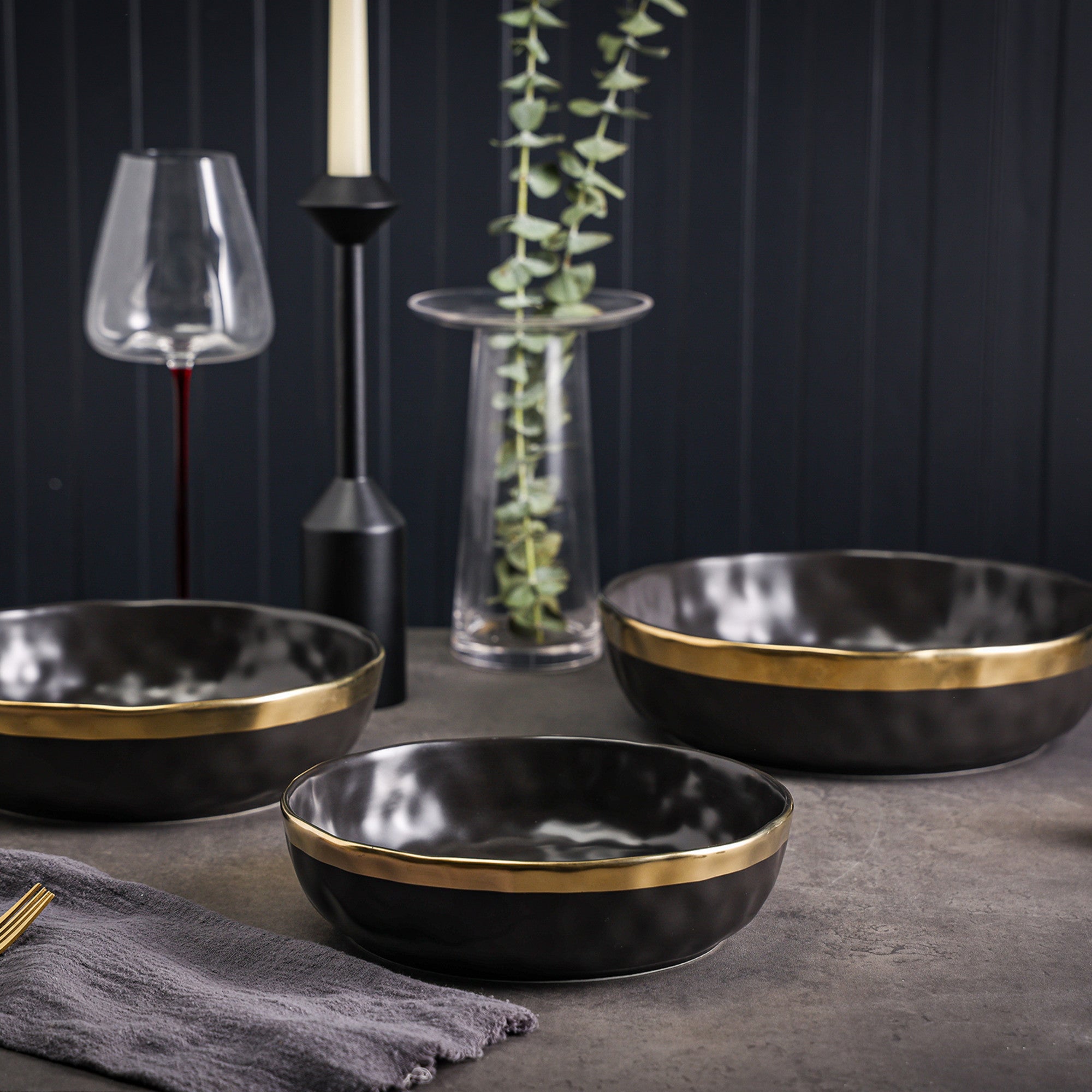 Florian Porcelain Dinner Bowl Set - 6-Piece Black Ceramic Bowls for Soup, Salad & Dessert | Elegant Tableware for Home Dining & Entertaining