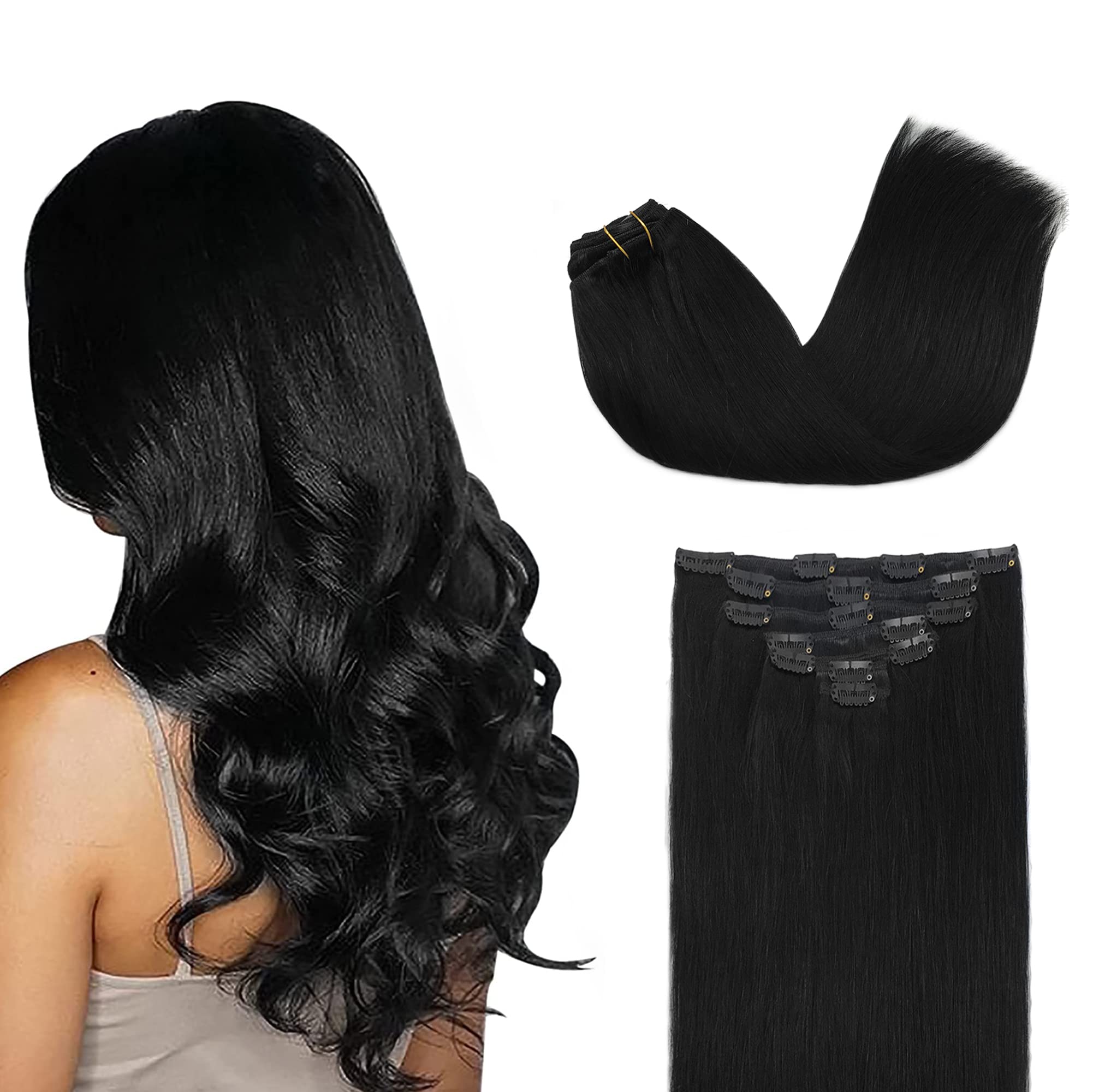 GOO GOO Clip in Human Hair Extensions - Jet Black 120g 7pcs 22 Inch Straight Long Soft Real Hair Weft for Women | Perfect for Parties, Weddings & Daily Styling