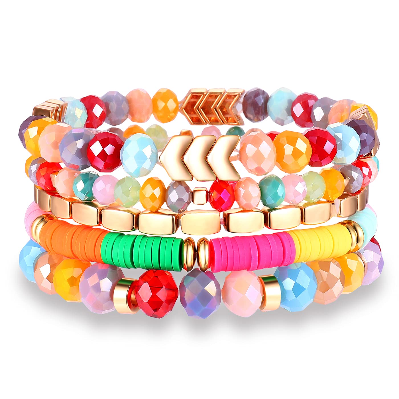 ANGLESJELL Beaded Stretch Bracelets for Women - Multilayered Colorful Crystal Heishi Bead Boho Bracelet Set | Stackable Summer Beach Jewelry | Perfect for Surfer Gifts, Boho Fashion & Festival Accessories