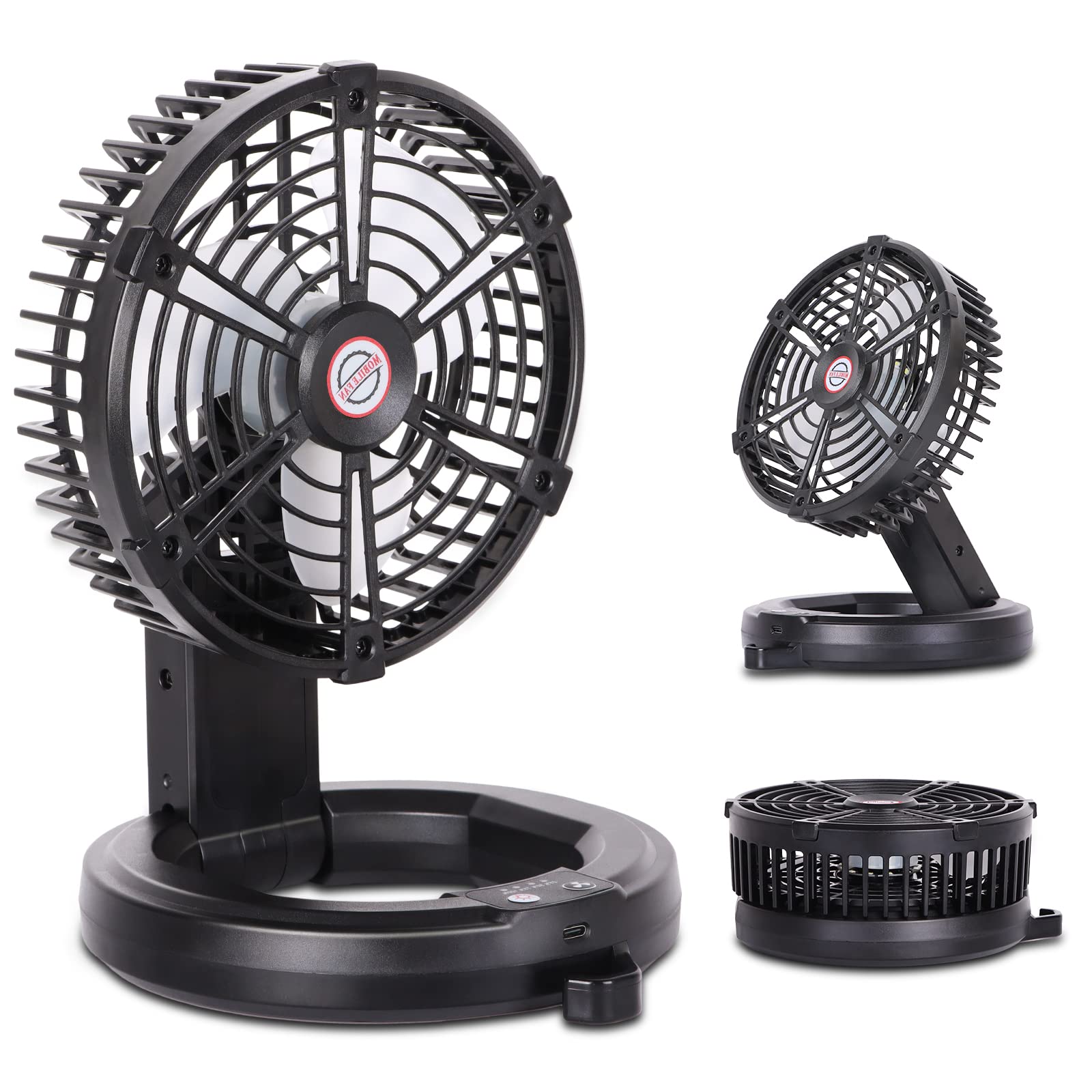 RUNTOP Portable Rechargeable Camping Fan with LED Light & Hanging Hook - USB Powered Battery Operated Foldable Table Fan for Tents, Travel, Home, Office, Bedroom - 3 Speed Settings for Cooling Comfort Anywhere
