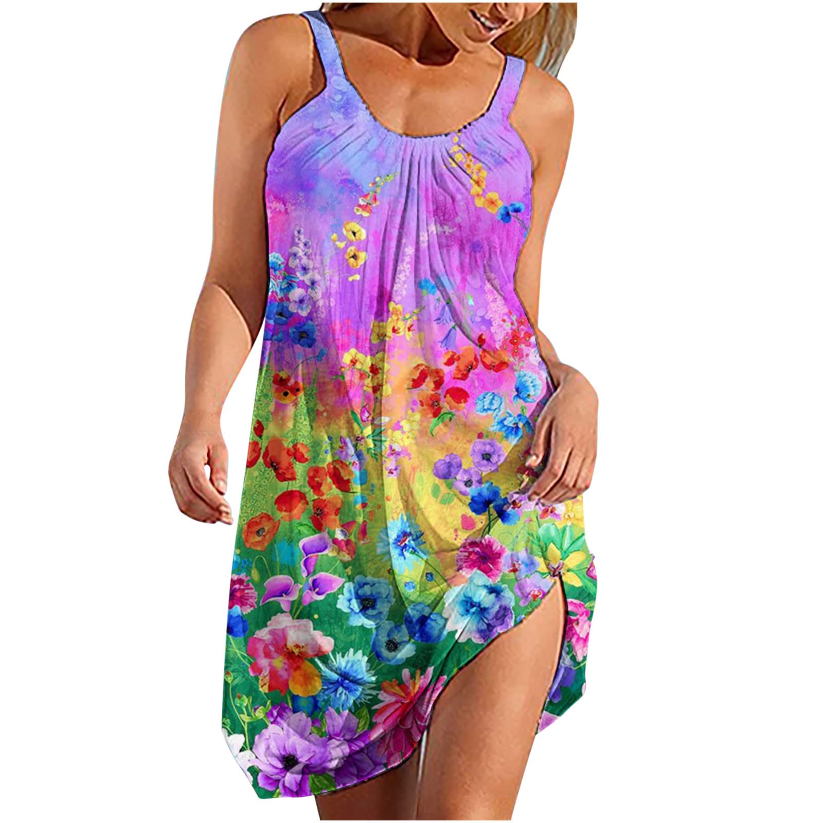 Women's Summer Maxi Dress - Casual Boho Floral Beach Wrap Dress with Round Neck & Sleeveless Design | Perfect for Vacations, Pool Parties & Tropical Getaways