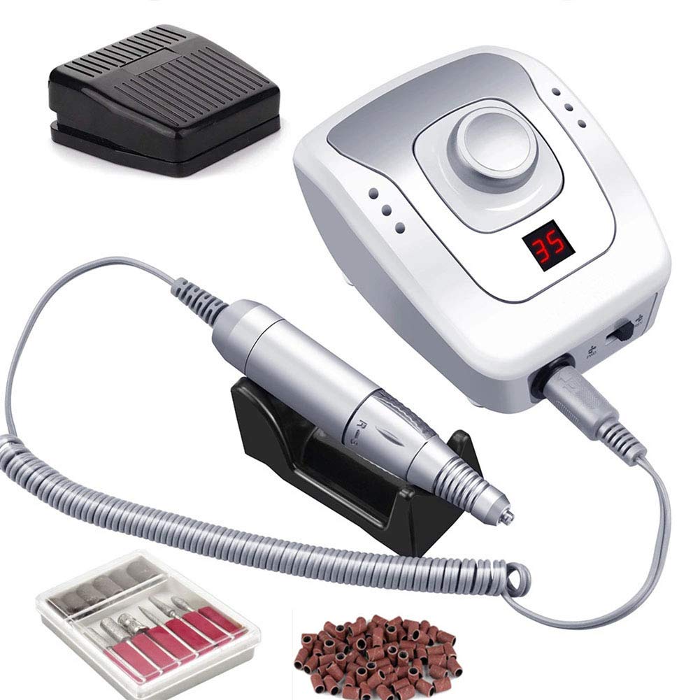 Professional Electric Nail Drill Machine 35000 RPM - Manicure Pedicure Kit with Nail Art Tools for Gel Polish, Filing, Buffing & Nail Removal | Portable Nail Grinder for Home & Salon Use | Perfect for DIY Nail Care, Acrylics & Pedicures (White)