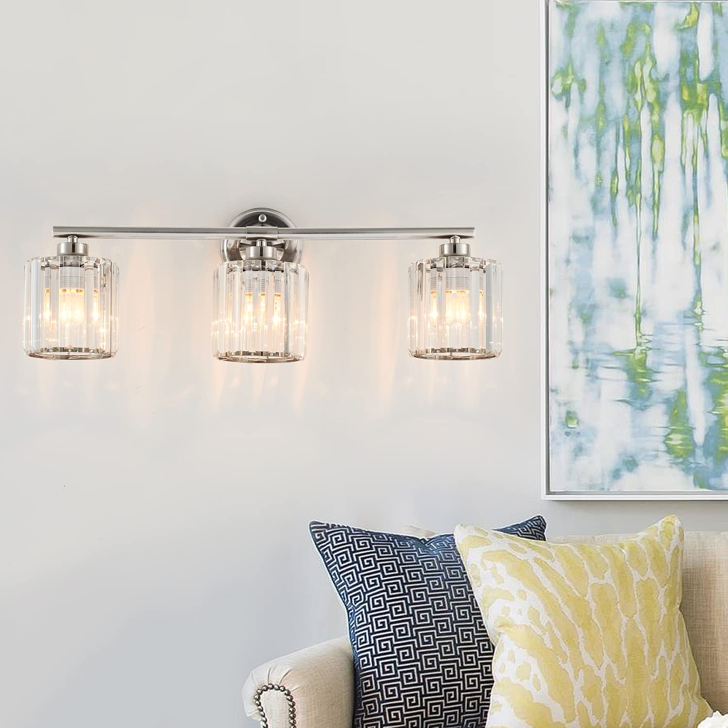 Modern Brushed Nickel Bathroom Vanity Light Fixture 24 Inch 3-Light with Crystal Shade - Industrial Wall Sconce for Bathroom Mirror, Bedroom Makeup Desk, Living Room, Kitchen, Porch & Hotel Lighting - Perfect for Modern Home Decor and Vanity Illumination