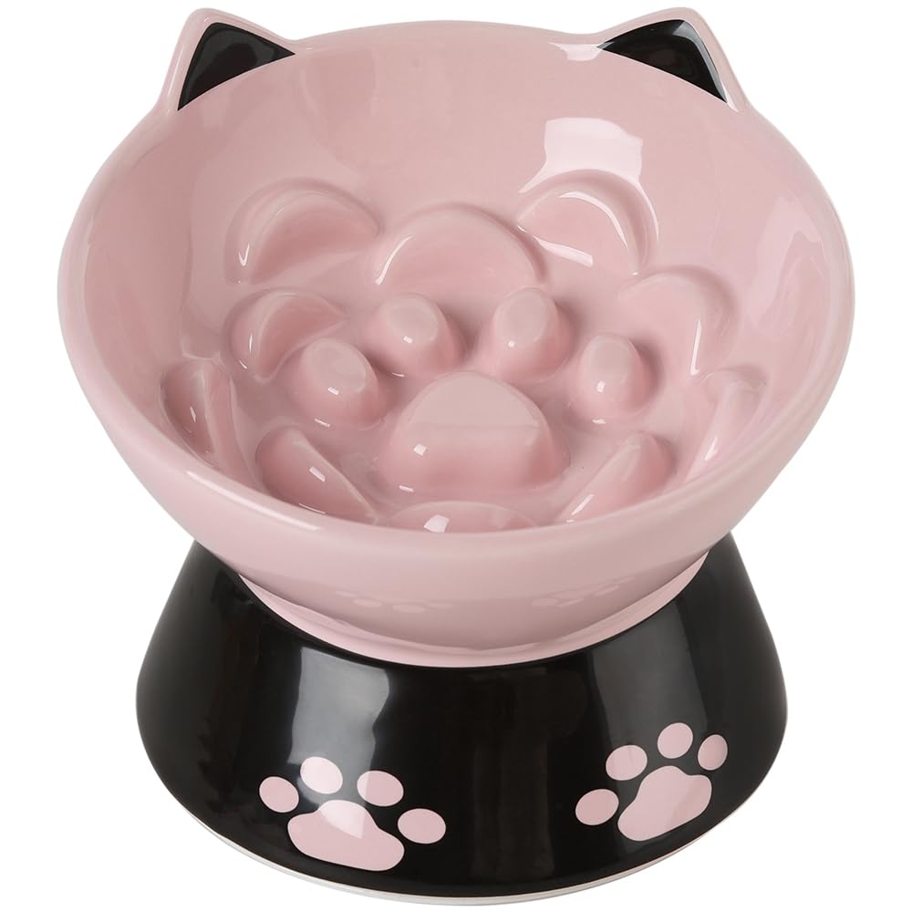 Slow Feeder Cat Bowl with Non-Slip Silicone Base - 6 Inch Elevated Ceramic Pet Food Dish for Dogs & Cats - Anti-Vomiting Design for Dry/Wet Food (Pink) - Perfect for Portion Control & Digestive Health