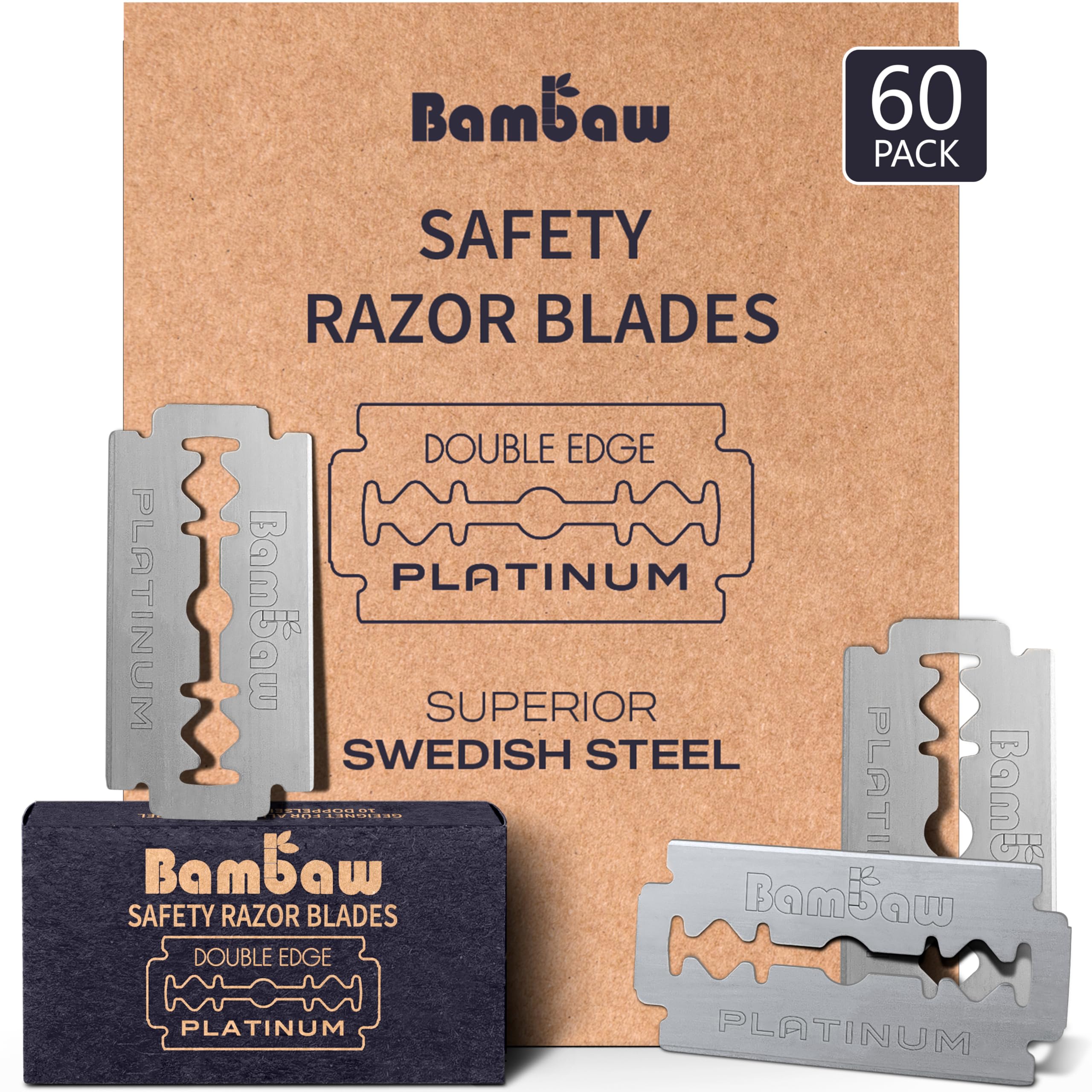 Bambaw Double Edge Safety Razor Blades - 60 Pack Swedish Stainless Steel Razor Blades Refills for Men & Women - Perfect for Shaving, Grooming & Travel