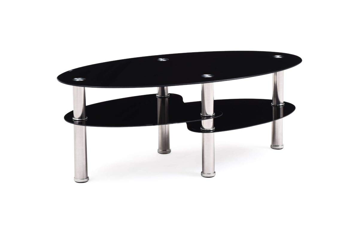 Hodedah 3-Tier Oval Tempered Glass Coffee Table - Modern Black End Table for Living Room, Bedroom & Office Decor