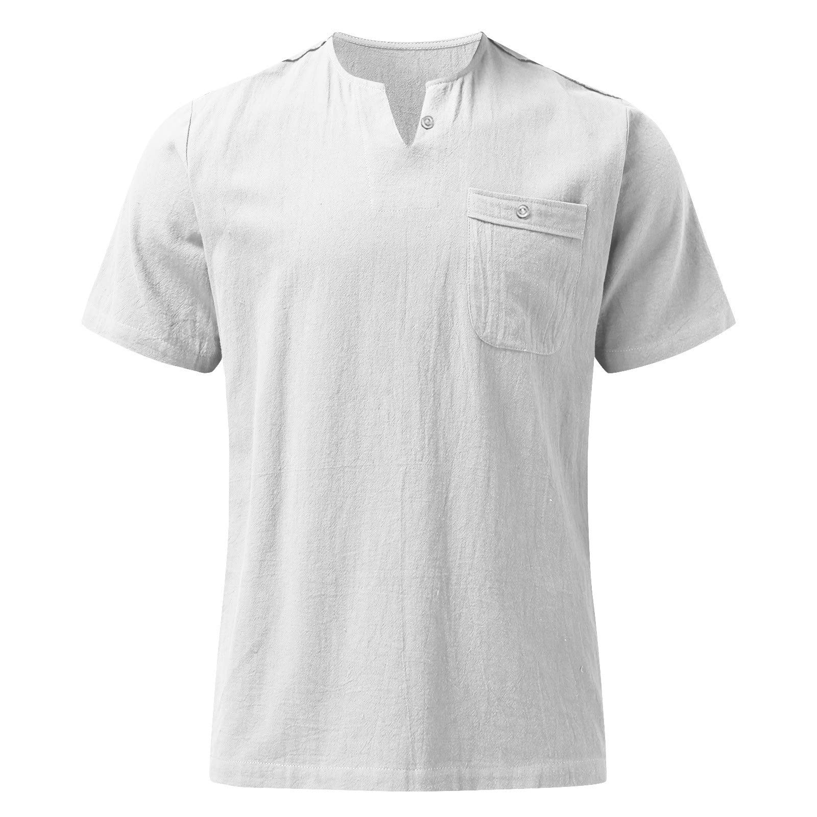 YZHM Men's Linen Short Sleeve V-Neck T-Shirt - Soft Breathable Casual Summer Tee for Home, Beach & Outdoor Activities | Loose Fit Plain Solid Comfortable Shirt