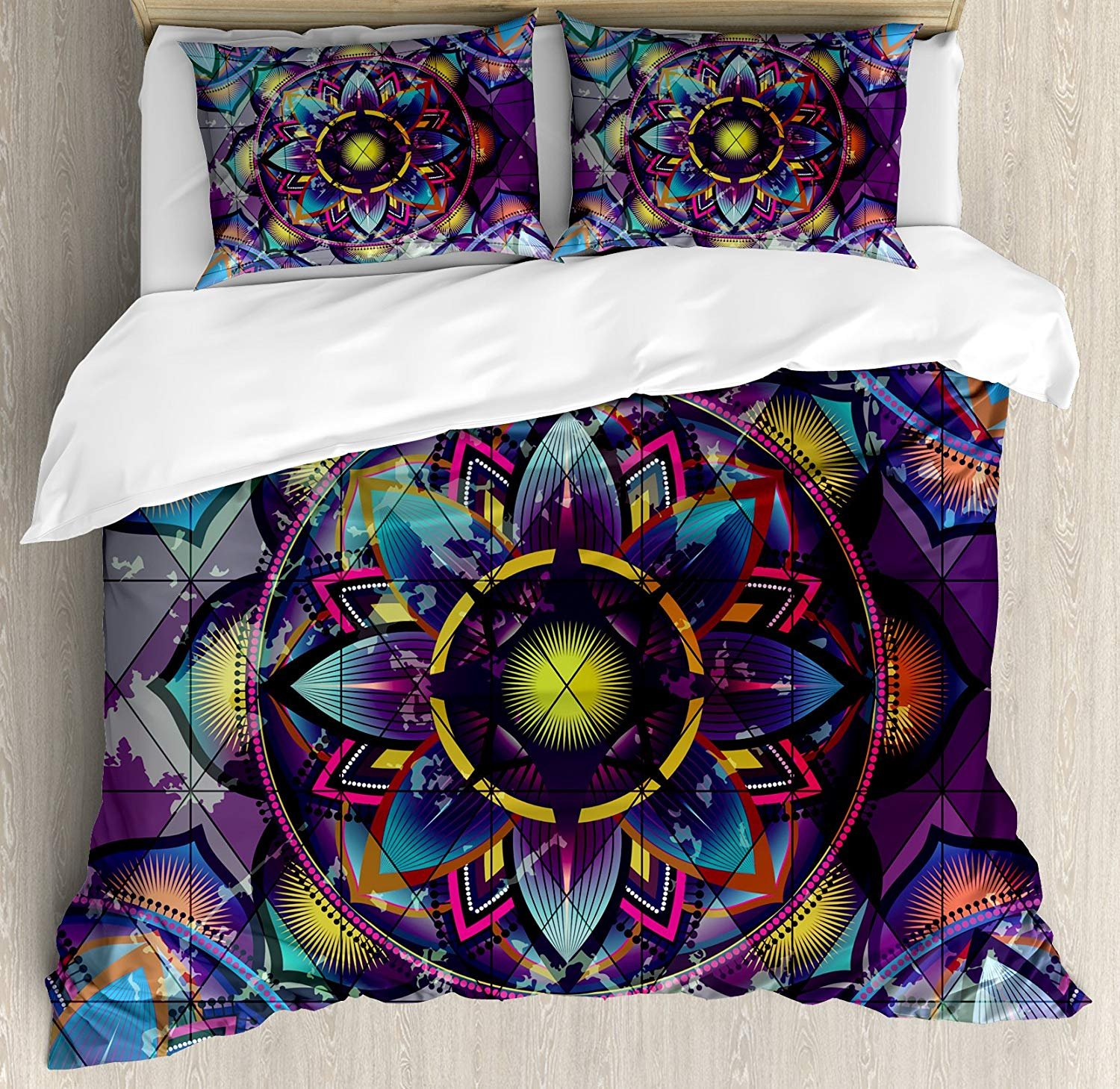Lotus Quilt Bedding Set - Psychedelic Sacred Geometry Mandala Print Duvet Cover, 3-Piece Queen Size for Kids Teens & Adults | Boho Chic Bedroom Decor, Meditation Room Aesthetic