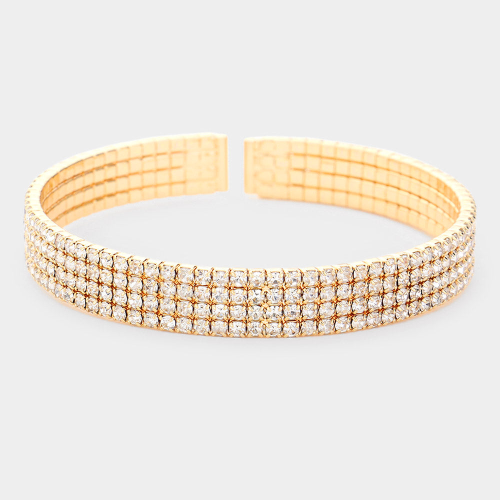 4 Row Rhinestone Cuff Bracelet in Gold - Elegant Pageant Jewelry for Women - Perfect for Prom, Wedding, and Evening Events
