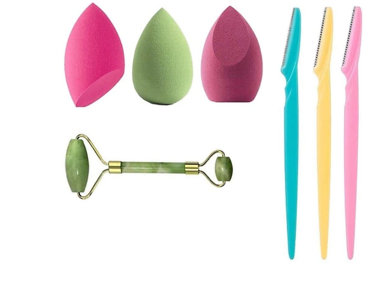 **AJORA Makeup Accessories Set - 3-in-1 Blender, Face Razor & Massager Roller for Flawless Skin & Makeup Application | Perfect for Travel & Daily Beauty Routine**