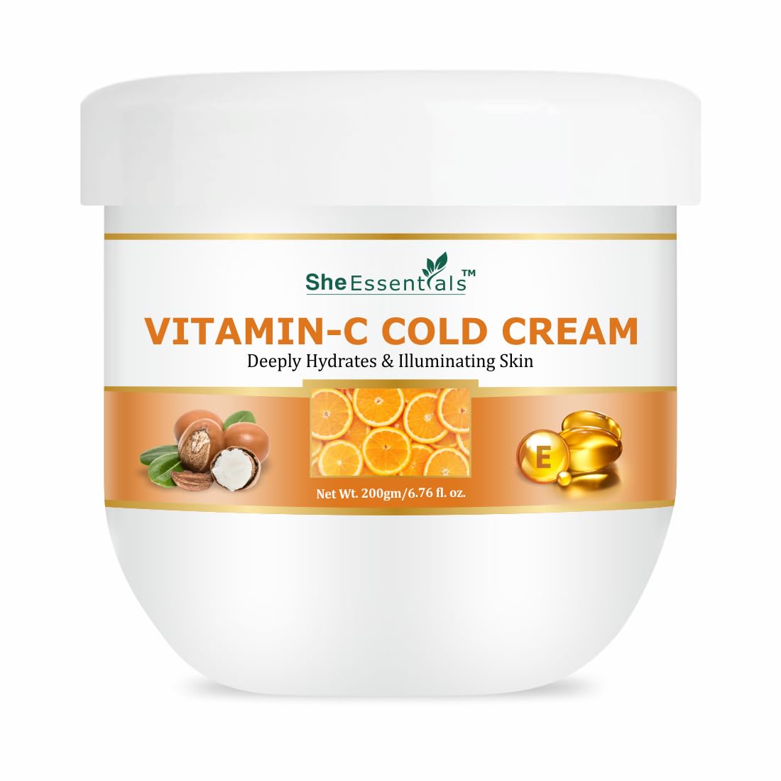 She Essentials Vitamin C Cold Cream for Soft & Radiant Skin - Deep Hydrating & Moisturizing Face & Body Cream - Brightens Skin & Softens Roughness - All Skin Types - 200g | Perfect for Winter Skincare, Daily Hydration & Glowing Complexion