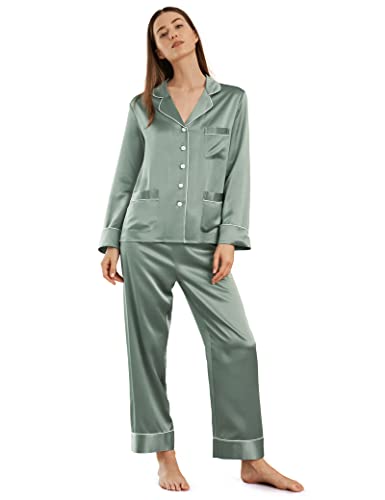 LilySilk Women's Long Silk Pajama Set - V-Neck Notched Collar with White Trim - Luxurious Sleepwear for Comfortable Nights & Relaxing Evenings