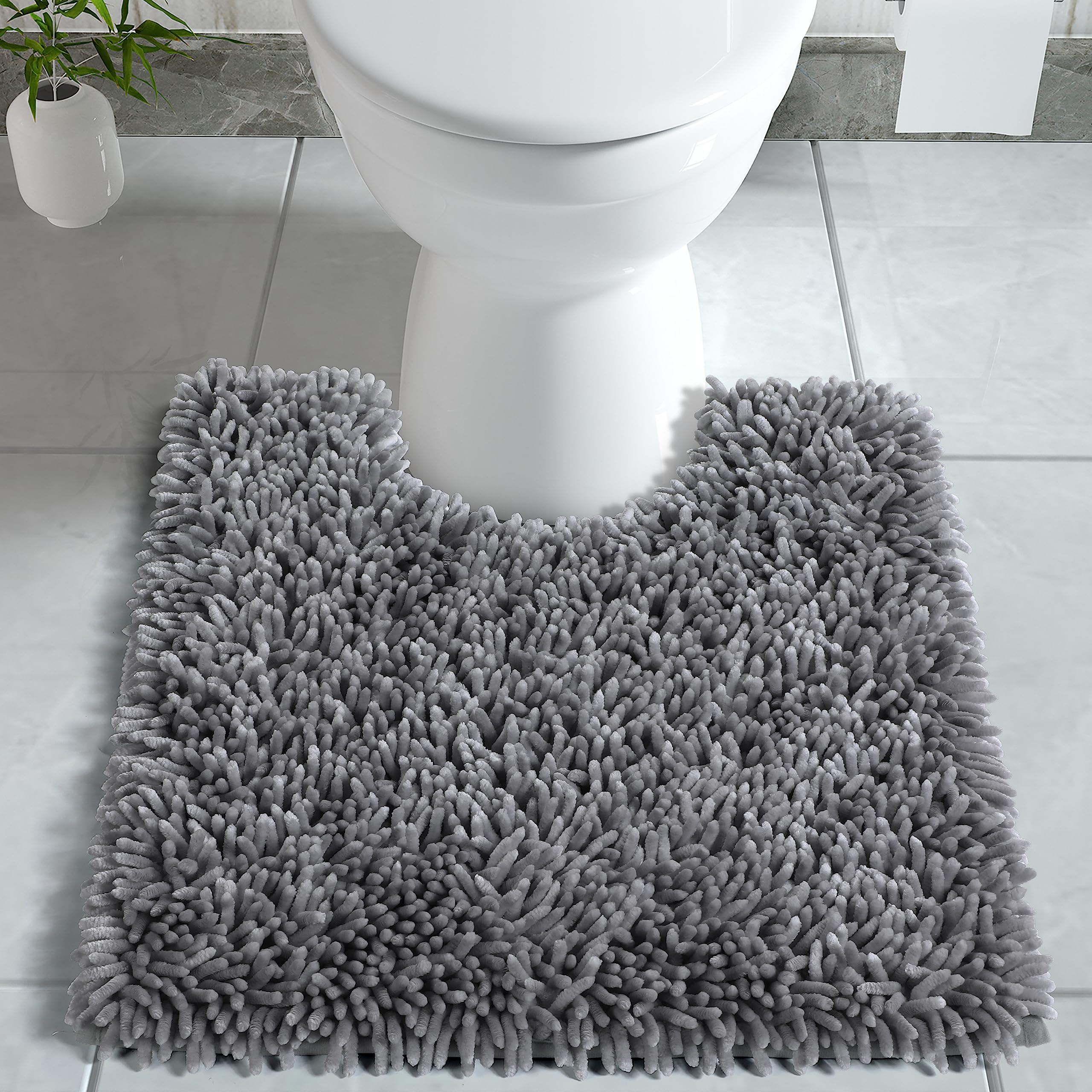 Yimobra U-Shaped Chenille Toilet Rug - Extra Thick, Non-Slip Bathroom Floor Mat, Soft & Absorbent, Machine Washable (24.4 x 20.4 Inch, Gray) - Perfect for Modern Bathrooms & Powder Rooms