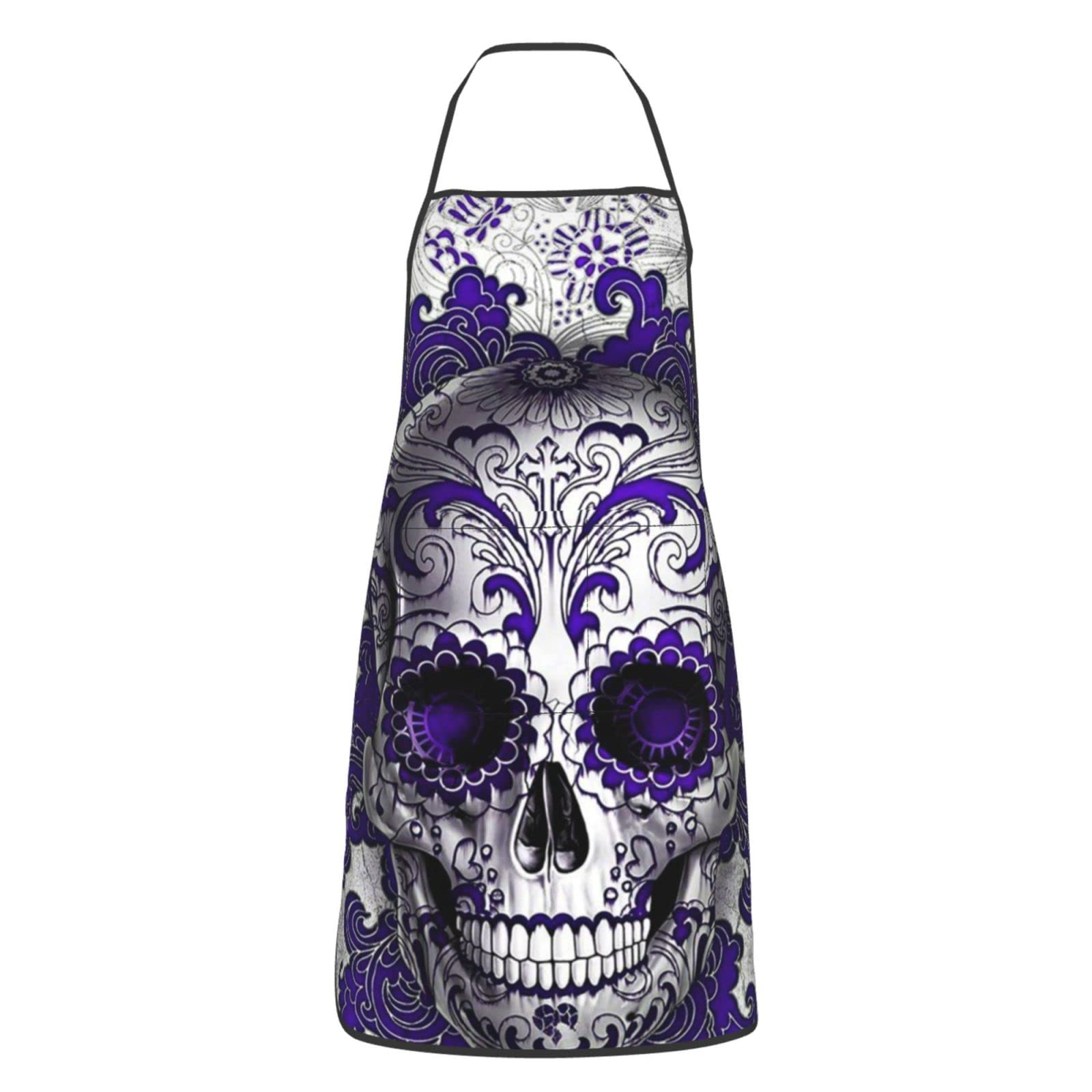Sugar Skull Printed Apron - Waterproof Unisex Kitchen Apron with 2 Pockets for Cooking, Baking & Grilling - Perfect for Halloween, Dia de Los Muertos & Themed Parties