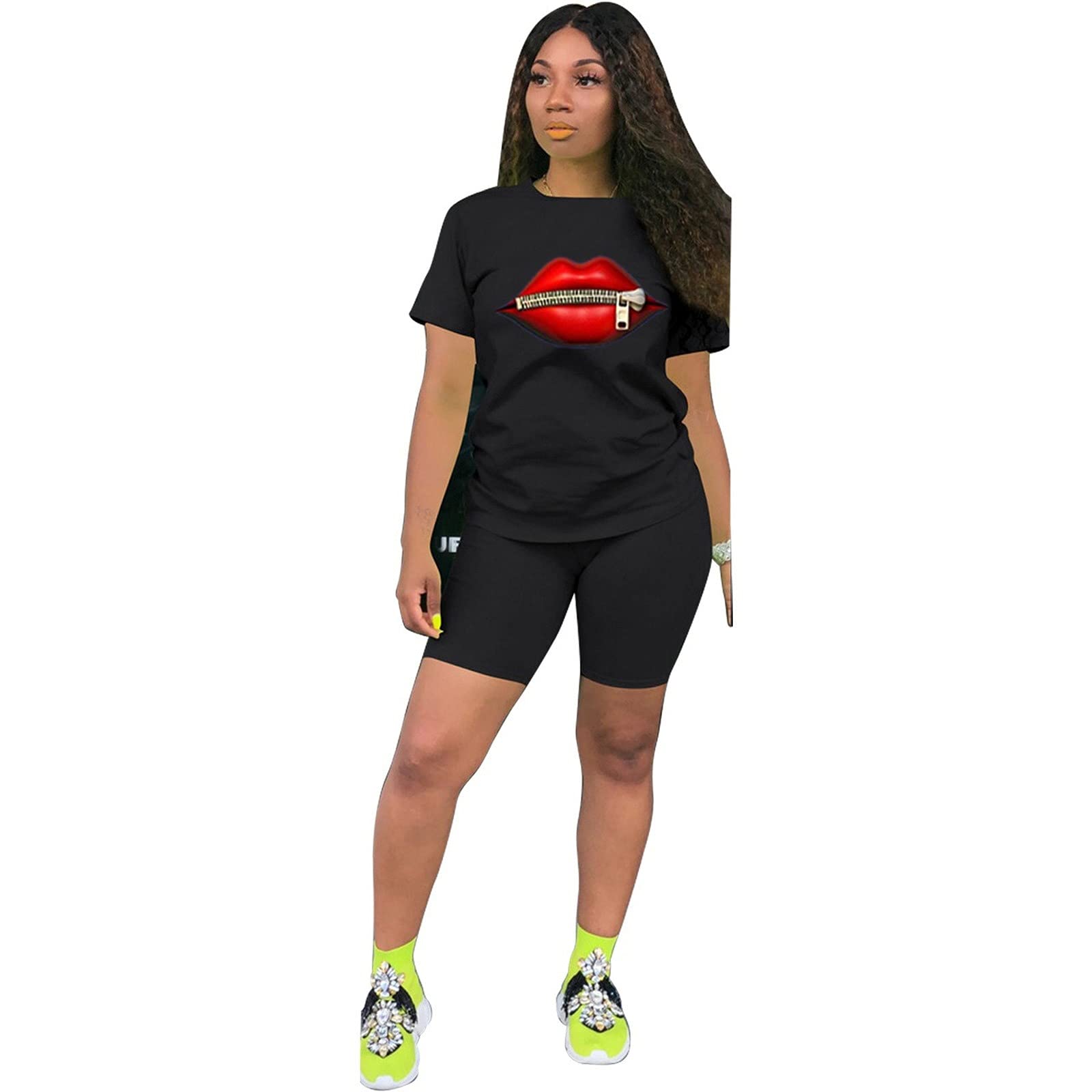 Women's 2-Piece Summer Outfit - Lip Print Short Sleeve Top & Shorts Set | Casual Tracksuit for Beach, Vacation & Streetwear Fashion
