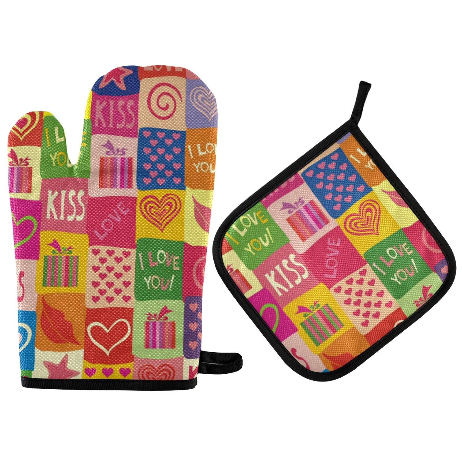 Valentine's Day Heart Oven Mitts & Pot Holders Set - 2pcs Heat Resistant Non-Slip Kitchen Potholders for Women - Perfect for Cooking, Baking, BBQ and Valentine's Gifts