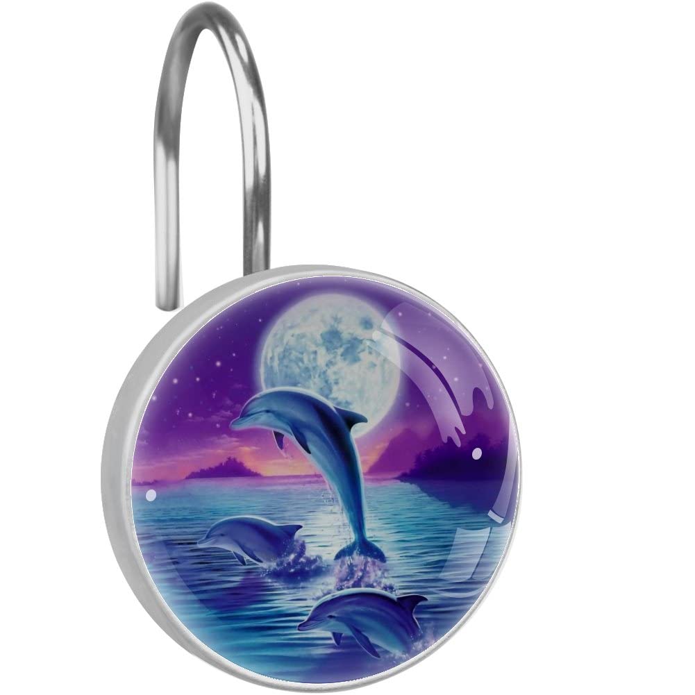 12 Pack Crystal Glass Dolphin Shower Curtain Hooks - Elegant Bathroom Accessories for Shower Curtains, Bathtub & Bathroom Decor - Jumping Dolphin Design