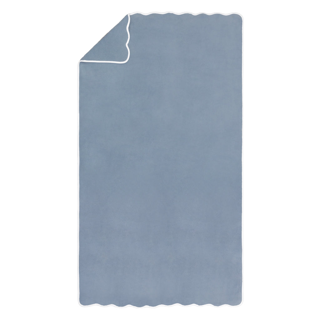 Luxury White Scalloped Plush Vista Blue Bath Sheet - Super Soft & Absorbent Oversized Bath Towel for Spa, Beach & Home Use