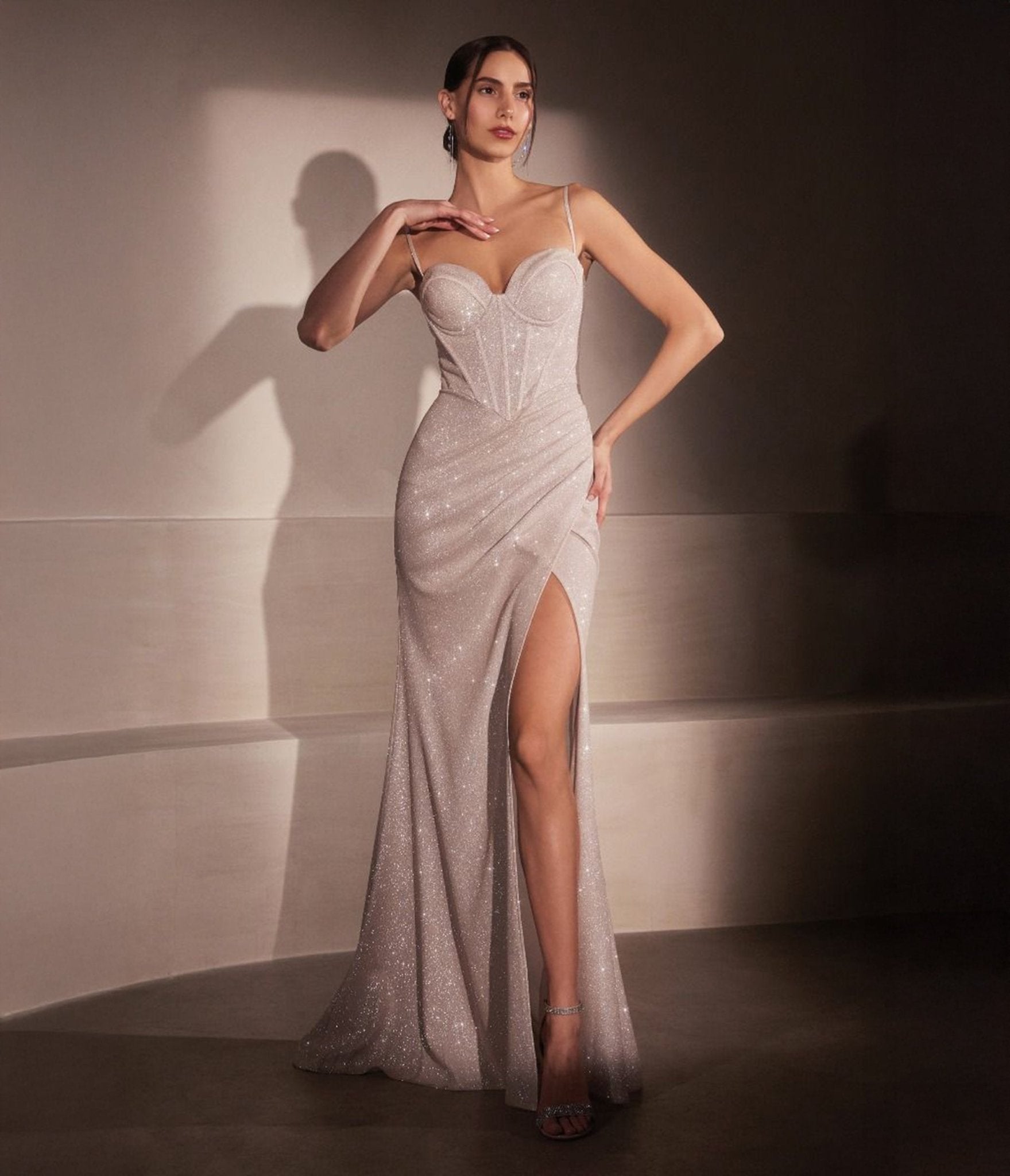 Cinderella Divine Amoris Platinum Glitter Fitted Sleeveless Slit Prom Gown - Elegant Formal Evening Dress for Homecoming, Pageant & Special Occasions