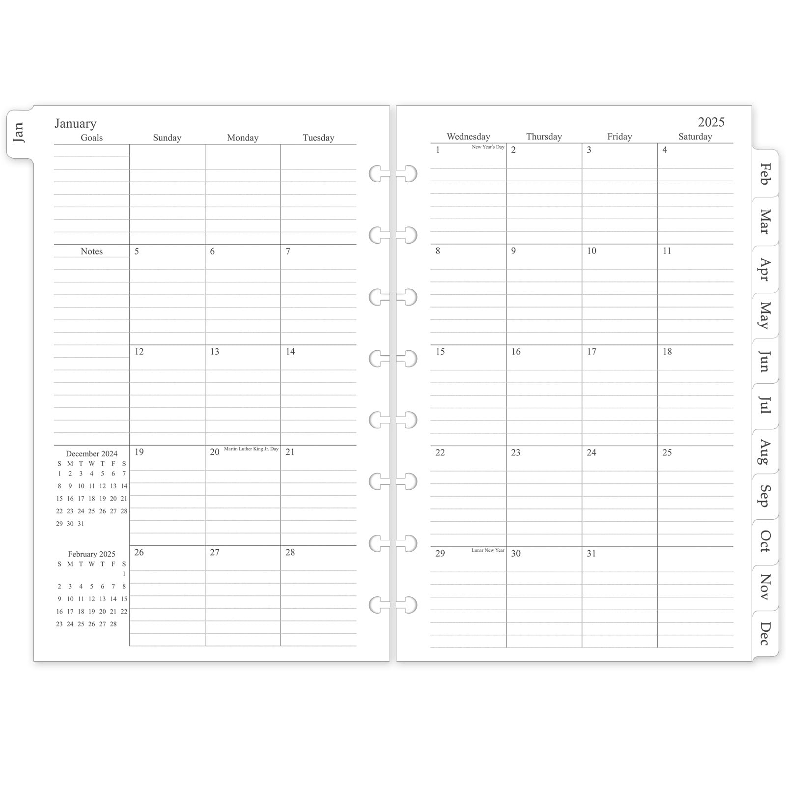 2025 Monthly Planner Refill - 12-Month Calendar with Tabs for 8-Disc Discbound Notebooks, 5.5