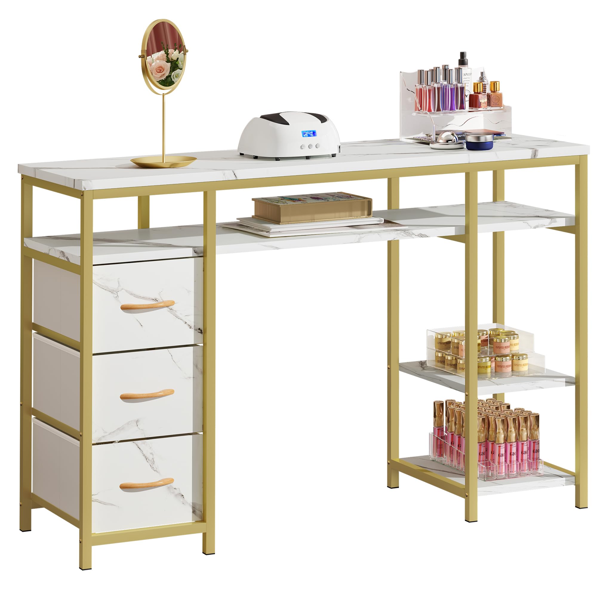 DWVO Nail Desk - Professional Manicure Table with 3 Drawers & Marble Texture, Acetone-Resistant Nail Tech Station for Salon & Spa (White) | Perfect for Nail Artists, Beauty Professionals & Home Use