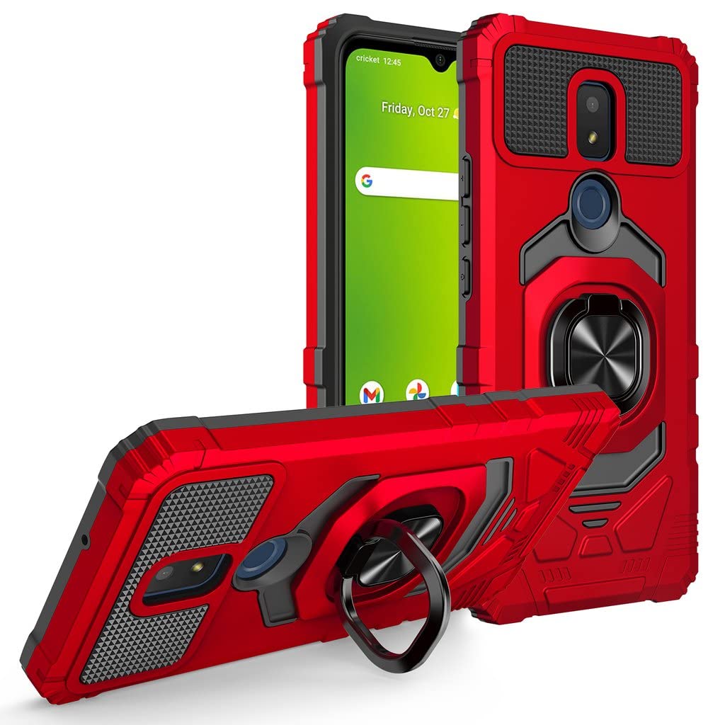 Military Grade Shockproof Hard Phone Case with Tempered Glass Screen Protector & Kickstand - Compatible with Cricket Icon 3, AT&T Motivate 2, Cricket Splendor (Red) | Perfect for Outdoor Activities, Travel & Daily Protection