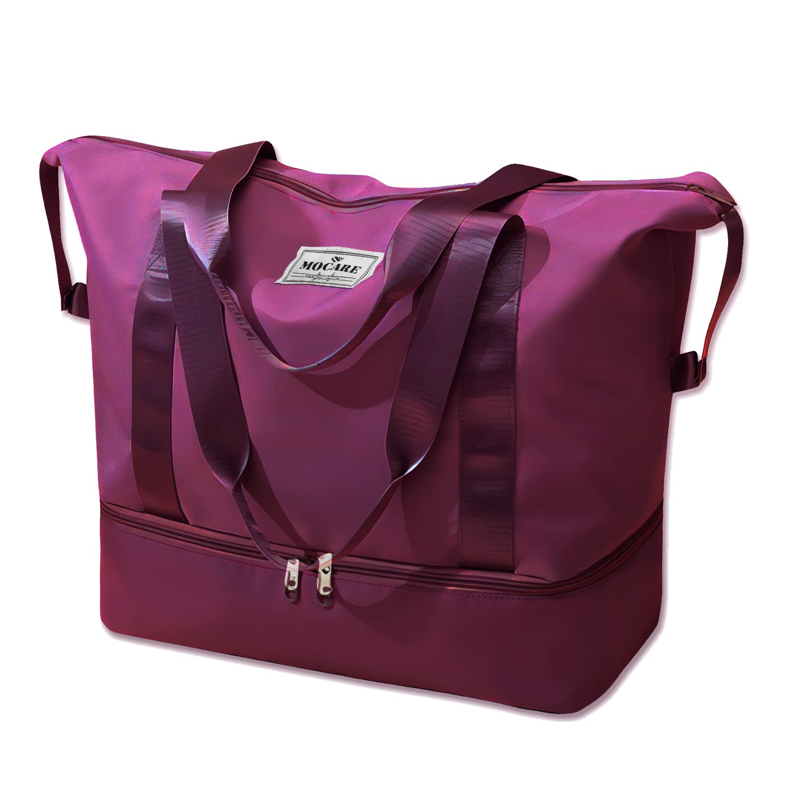 MOCARE Foldable Lightweight Travel Duffel Bag for Women - Gym Tote, Overnight Weekender, Carry On Bag with Shoes Compartment - Perfect for Sports, Shopping & Hospital Visits (Purplish Red)