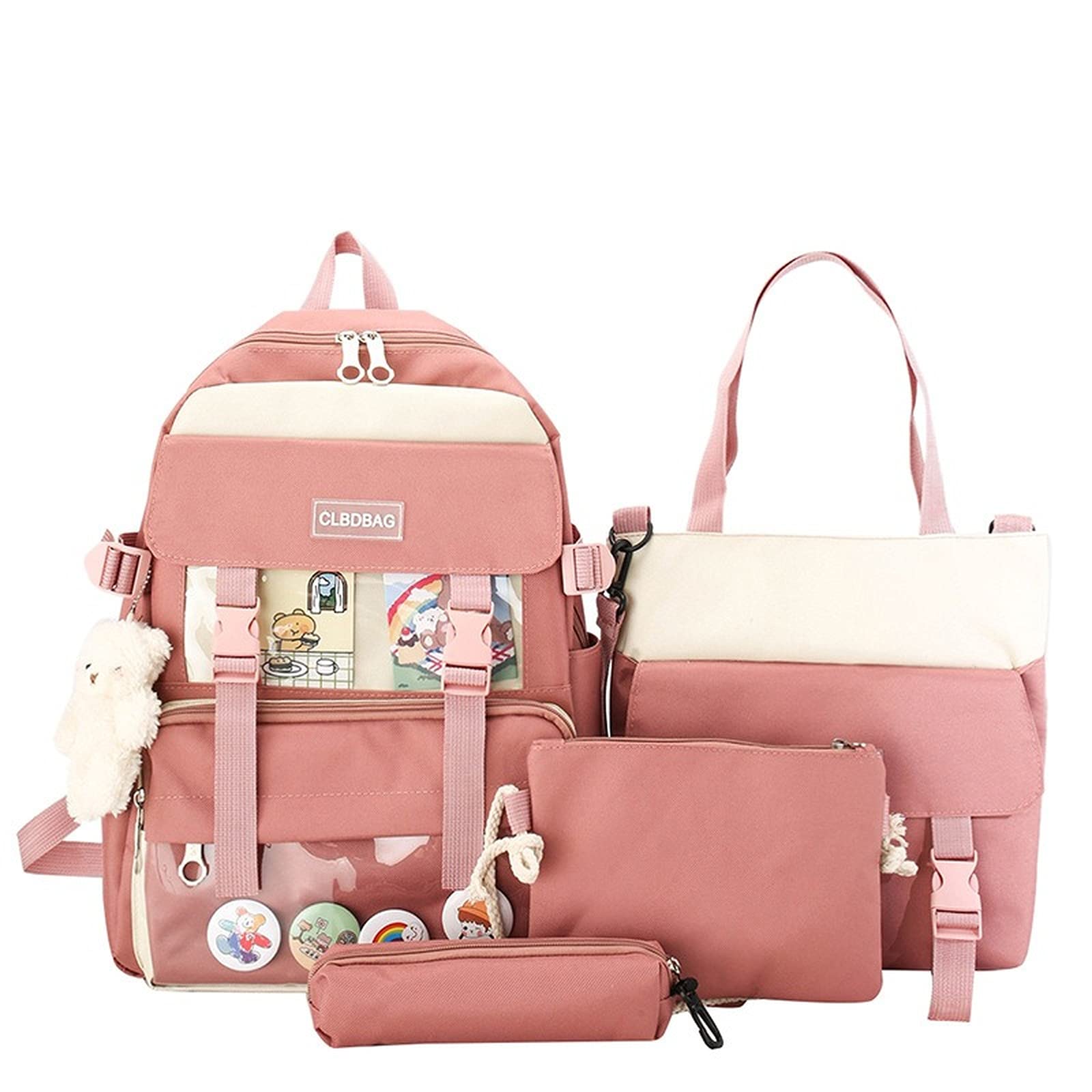 4Pcs Cute Kawaii Bear Canvas Backpack Set for School, Laptop & Travel - Pink Medium Size with Pendant Handle & Shoulder Tote Bag - Perfect for Students, College & Daily Use