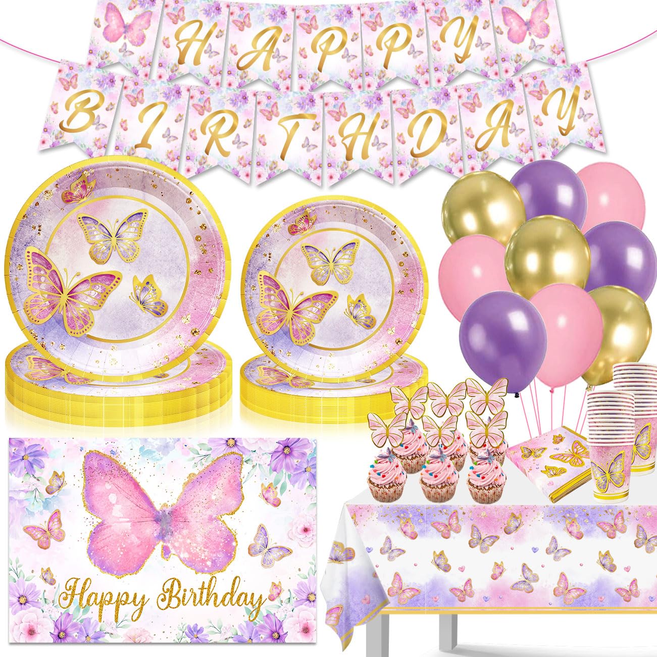 Butterfly Birthday Party Decorations for Girls - 20-Piece Butterfly Plates, Napkins & Backdrop Banner Set - Baby Shower & Birthday Party Supplies - Perfect for Indoor & Outdoor Celebrations