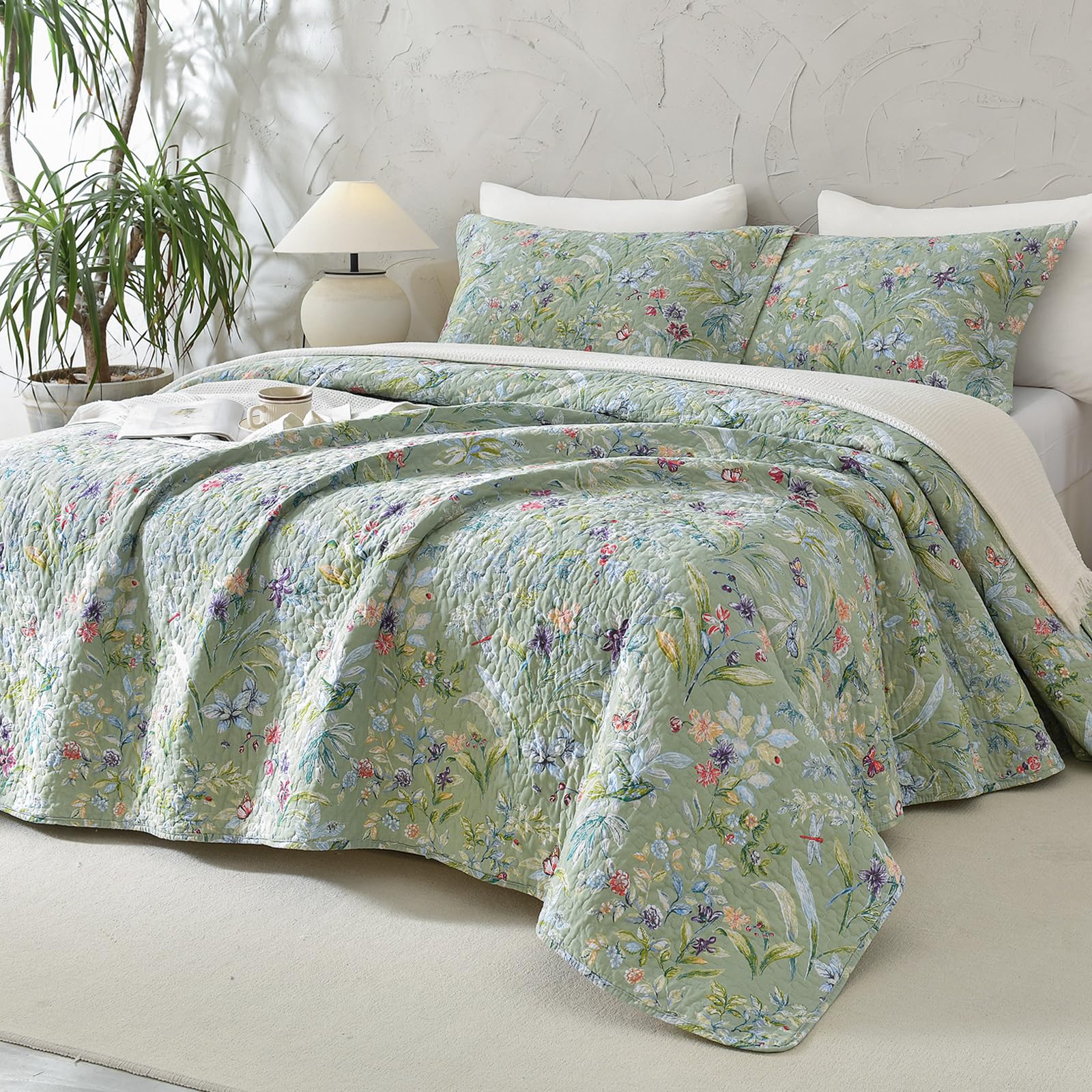 Lady Ann Oversized King Bedspread Set 128x120 Inches - Lightweight 100% Cotton Quilted Coverlet with Green Floral Bird Butterfly Print - 3 Piece All Season Bedding with Pillow Shams - Perfect for Guest Rooms, Master Bedrooms & Cozy Home Decor