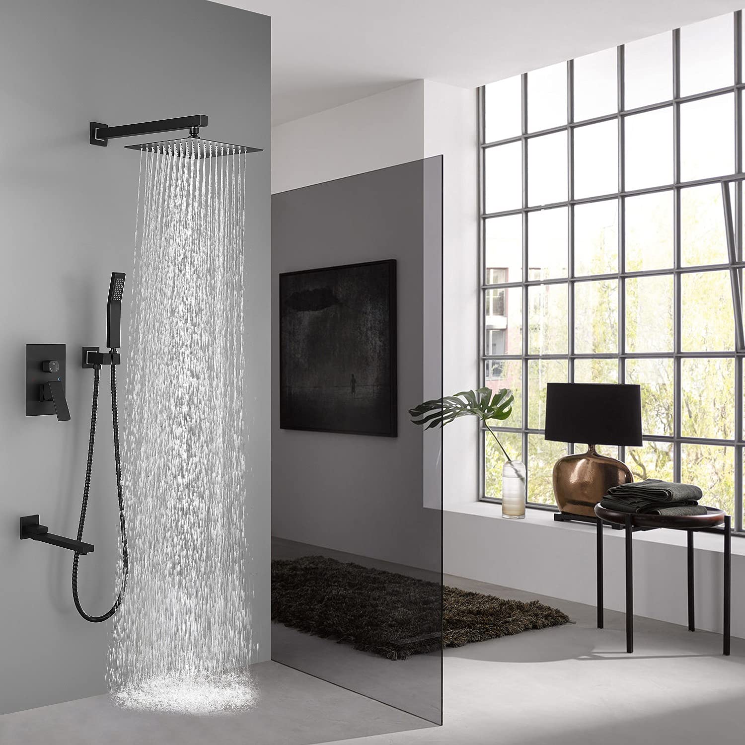 10 Inch Square Luxury Rain Mixer Shower Combo Set - Modern Bathroom Shower System with Adjustable Rainfall & Handheld Sprayer for Spa-Like Experience (Brushed Nickel)