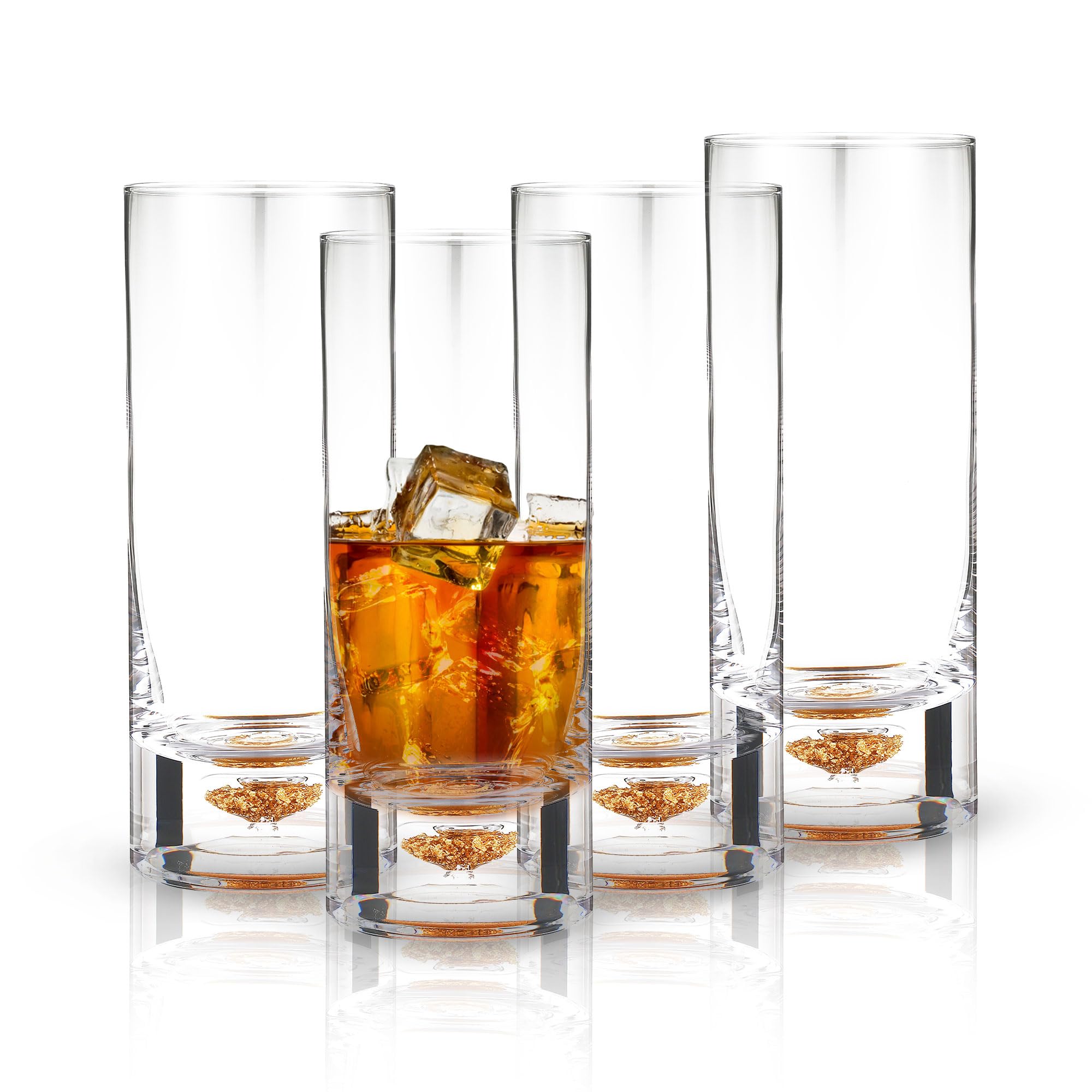 Premium Gold Flake Highball Glasses Set of 4 - 8.5oz Elegant Cocktail & Tom Collins Glasses for Whiskey, Gin, Mojito - Perfect for Home Bars, Parties & Gifts