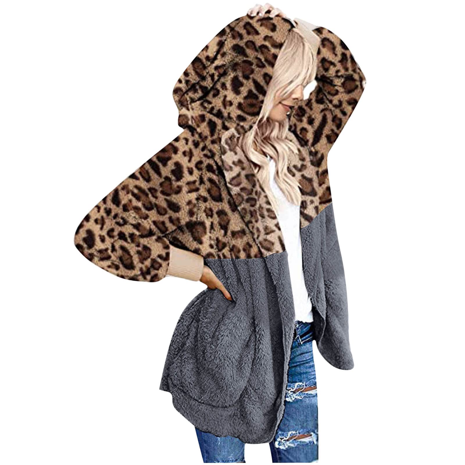 Women's Leopard Print Fleece Cardigan Coat - Soft Hooded Long Sleeve Blouse with Patchwork Design | Cozy Winter Fashion for Casual Outings & Office Wear