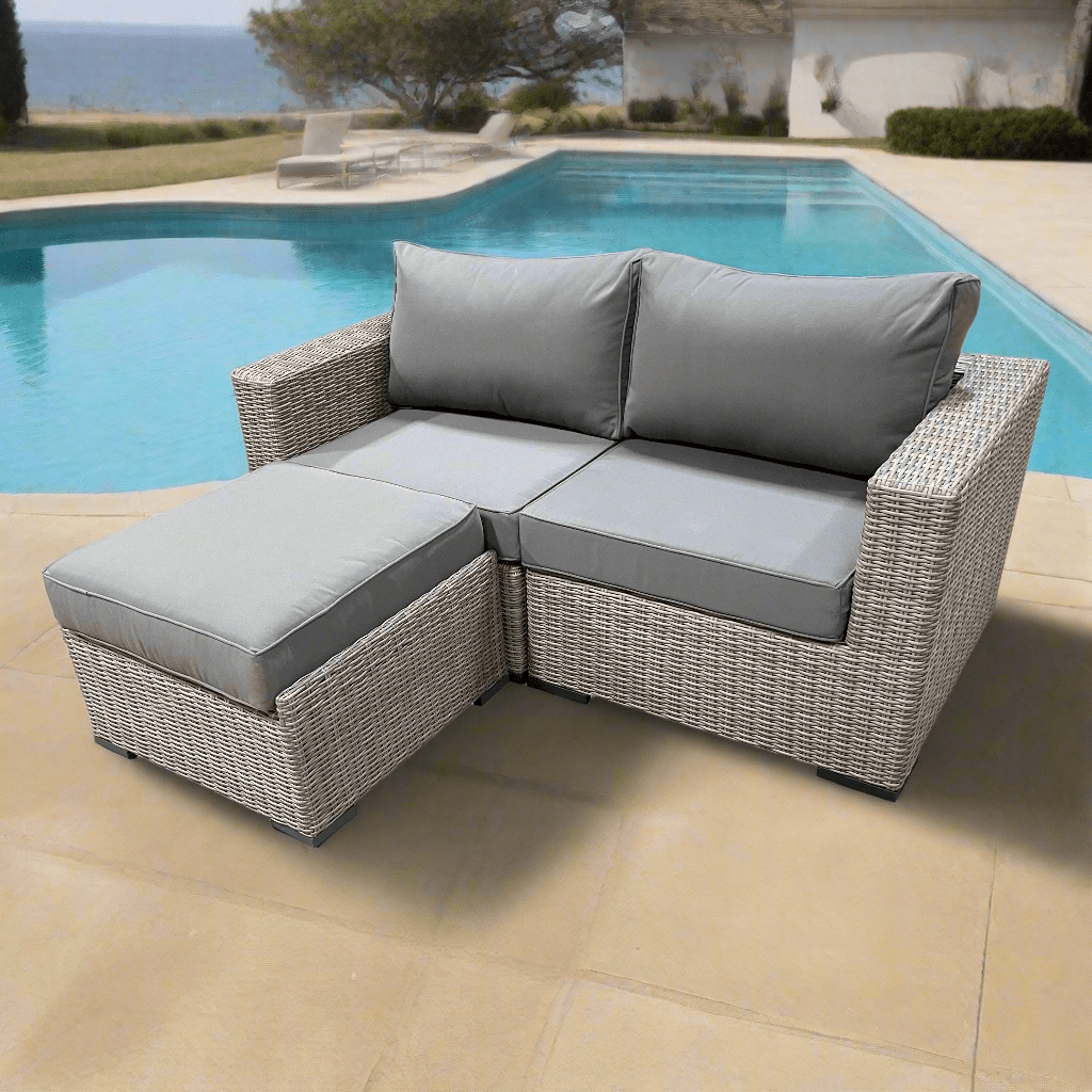 Grey Riviera Outdoor Patio Wicker Small Sectional Sofa with Sunbrella Canvas Charcoal Cushions - Perfect for Backyard, Poolside, and Garden Relaxation