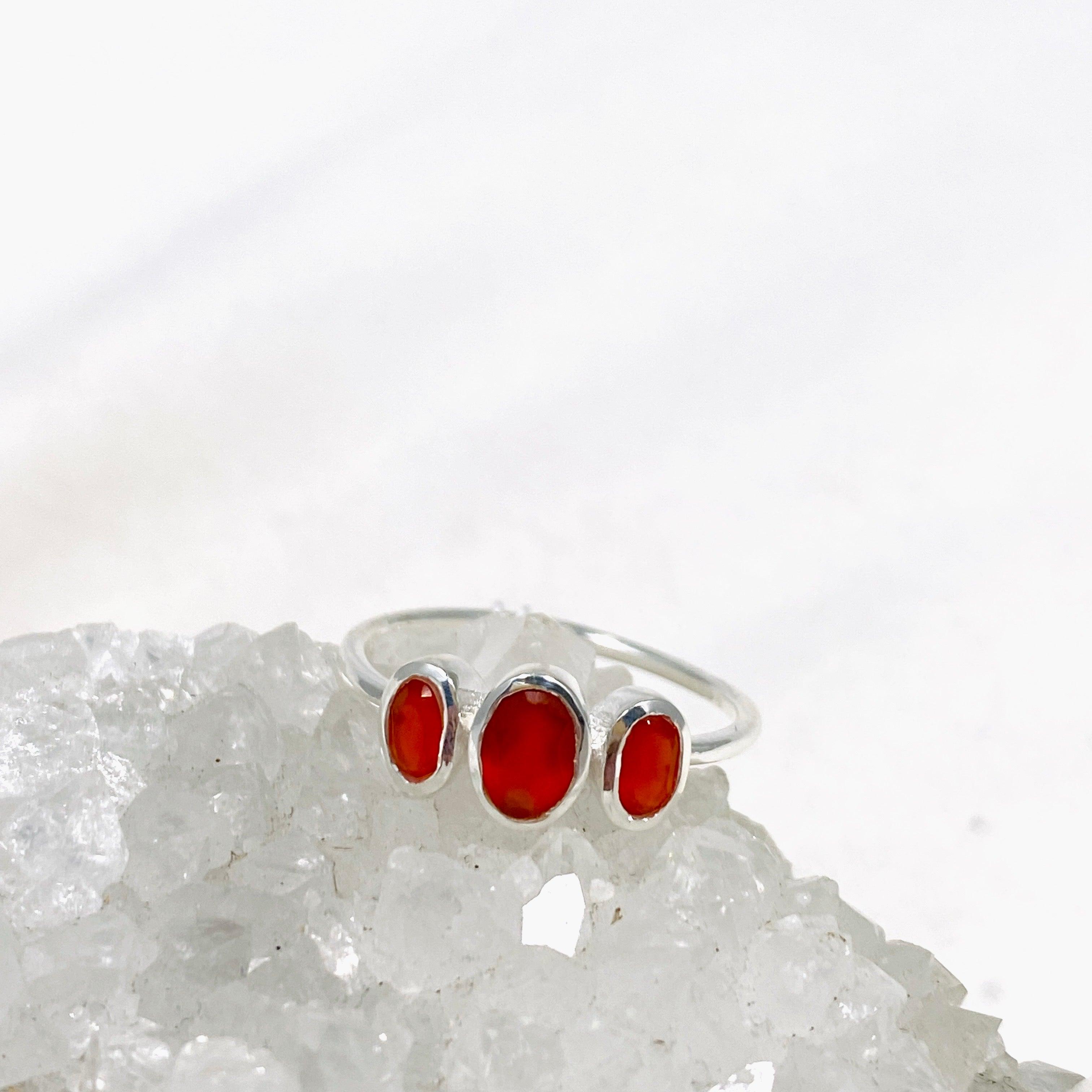 Natural Carnelian Triple Stone Faceted Ring - Handmade Sterling Silver Jewelry R3956 for Women | Boho Chic, Healing Crystal, Spiritual Gift for Meditation & Energy Balancing