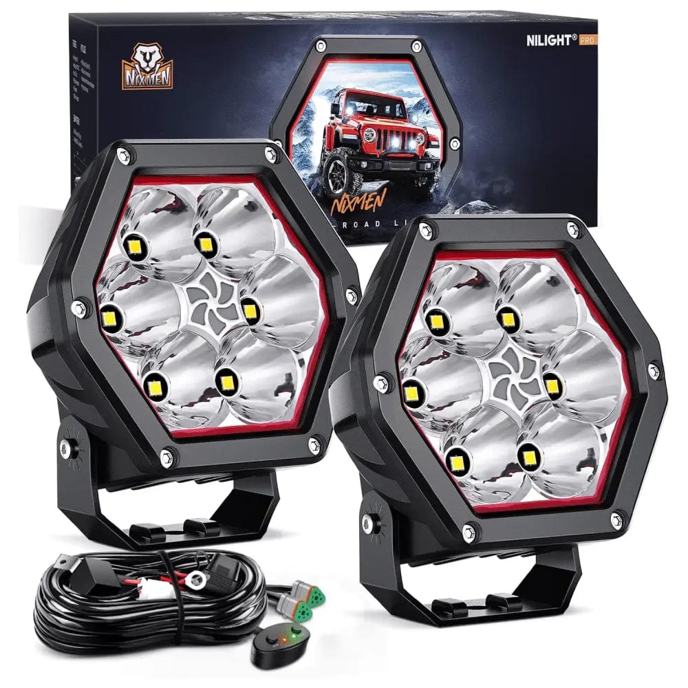 4 Inch 30W 2600LM Hexagon DRL Spot LED Pods (Pair) - 16AWG DT Wire - Waterproof Off-Road Light for Trucks, ATVs, UTVs, Boats & Marine Vehicles